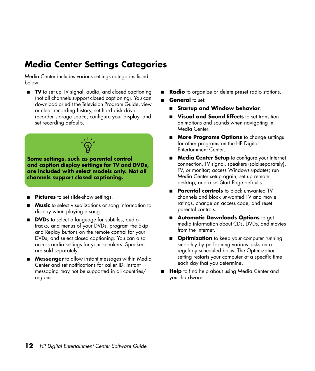 HP z565 manual Media Center Settings Categories 