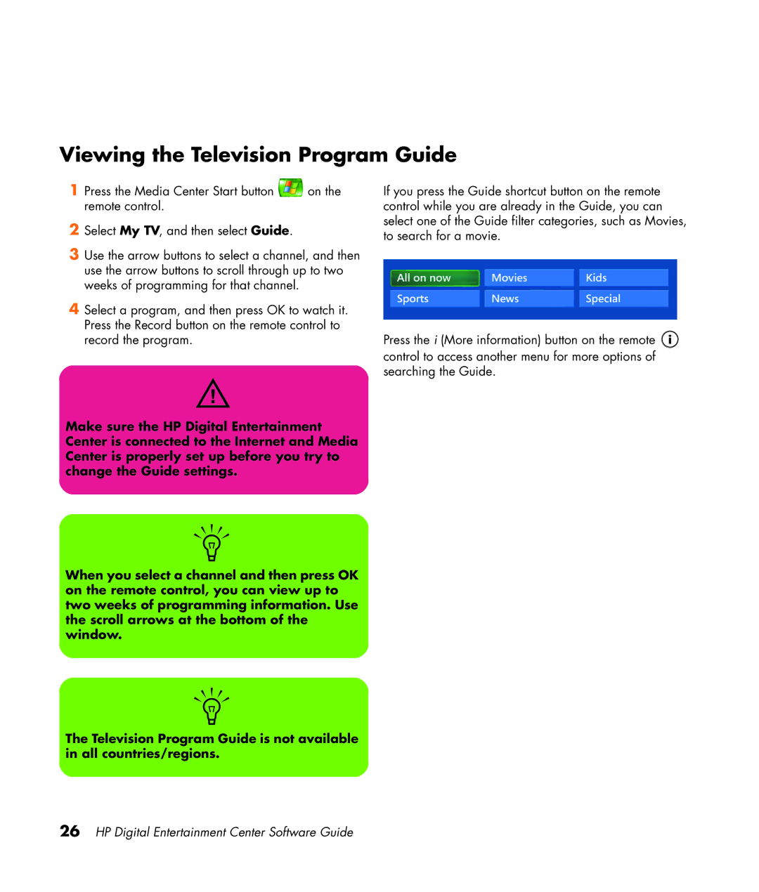 HP z565 manual Viewing the Television Program Guide 