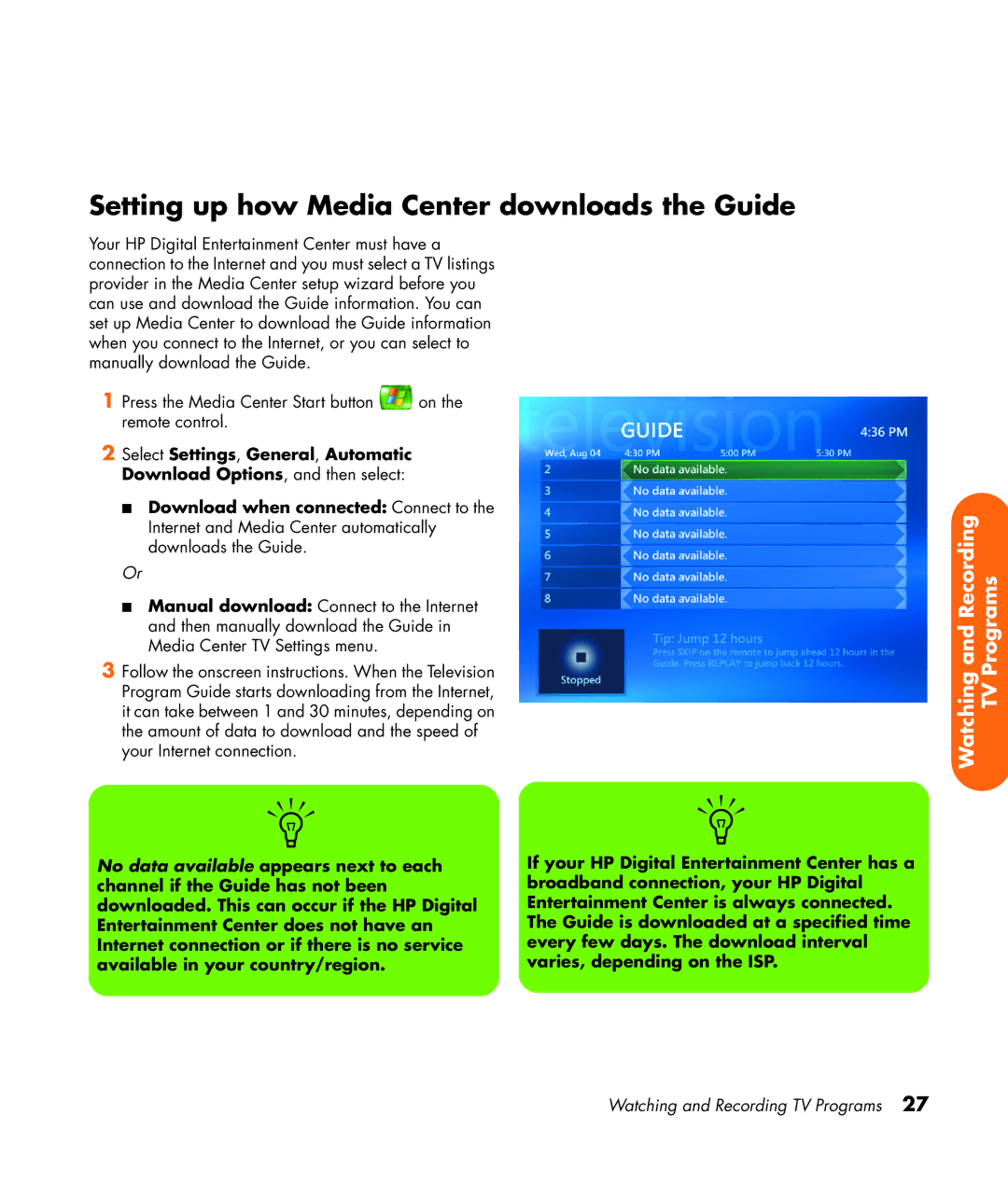 HP z565 manual Setting up how Media Center downloads the Guide 