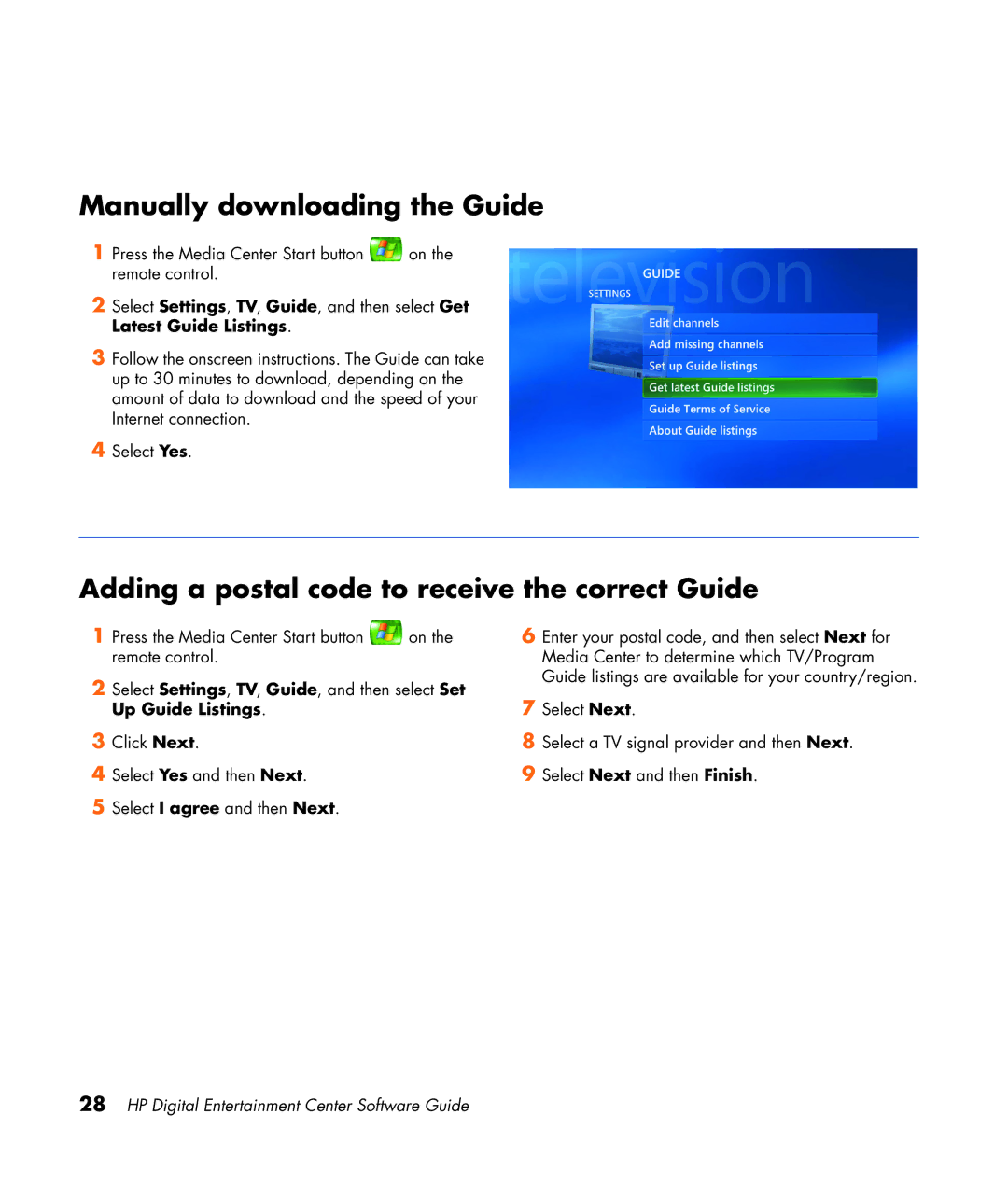 HP z565 manual Manually downloading the Guide, Adding a postal code to receive the correct Guide 