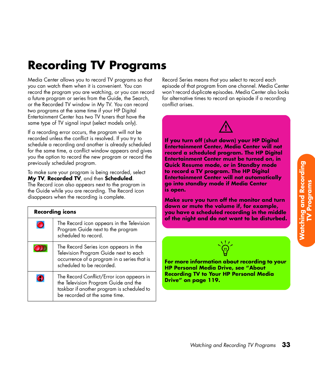 HP z565 manual Recording TV Programs, Recording icons 