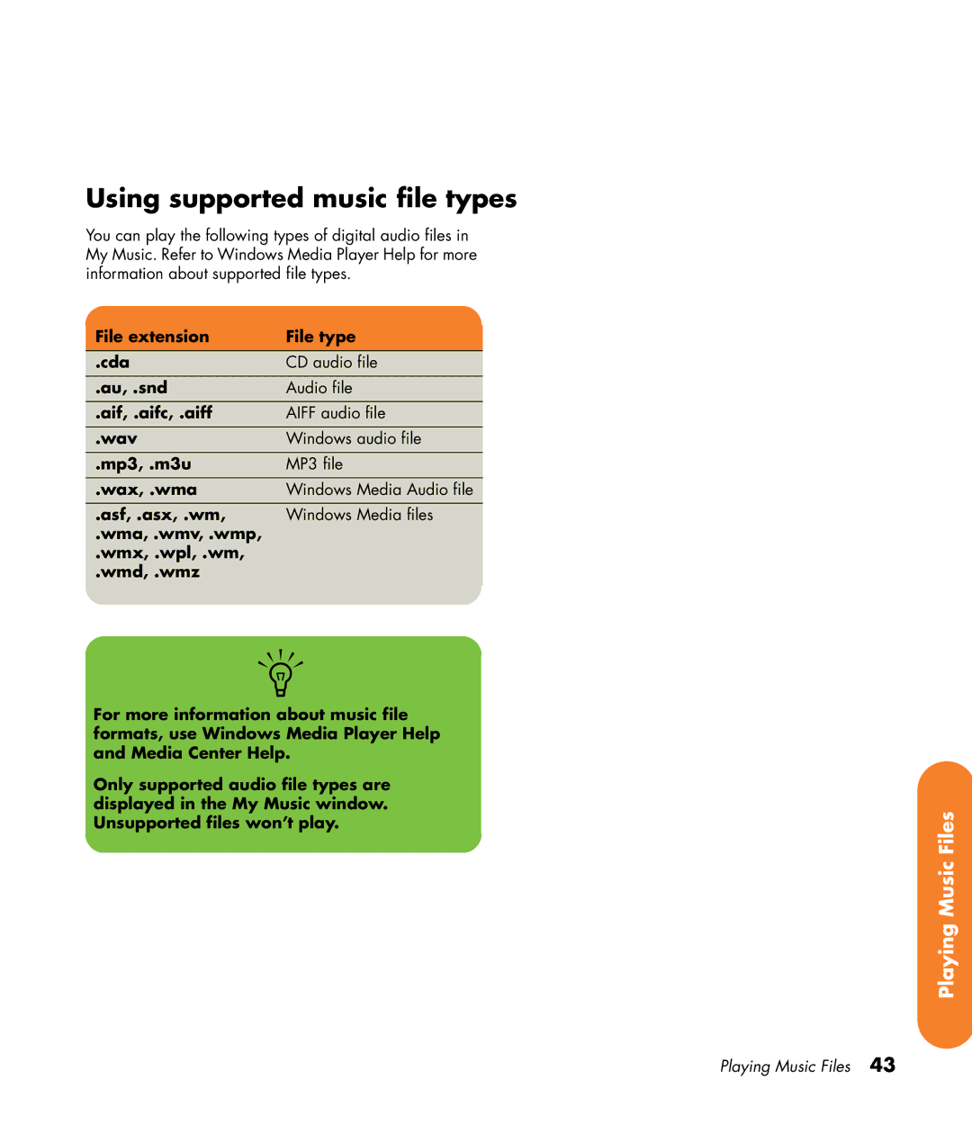 HP z565 manual Using supported music file types 