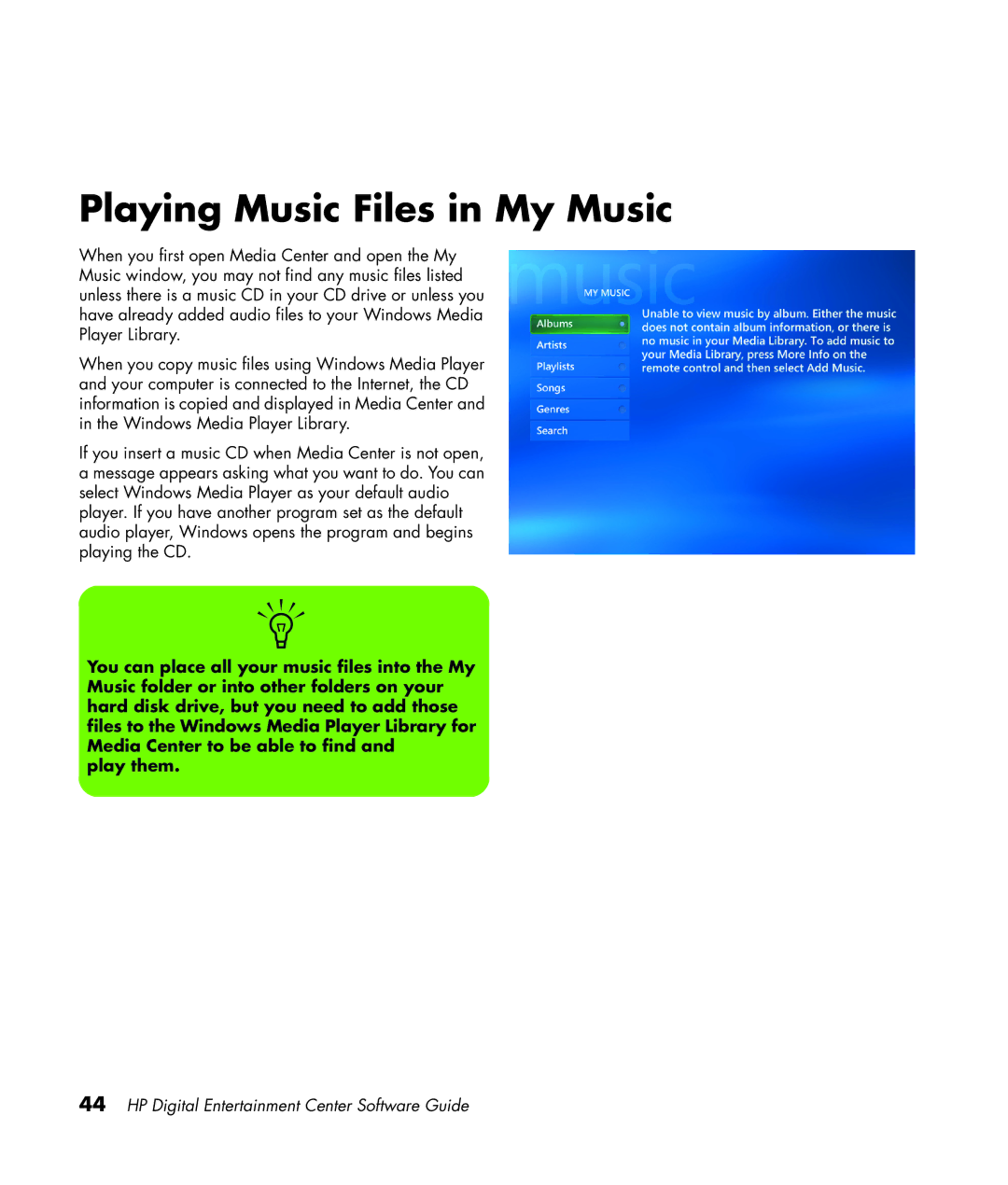 HP z565 manual Playing Music Files in My Music 