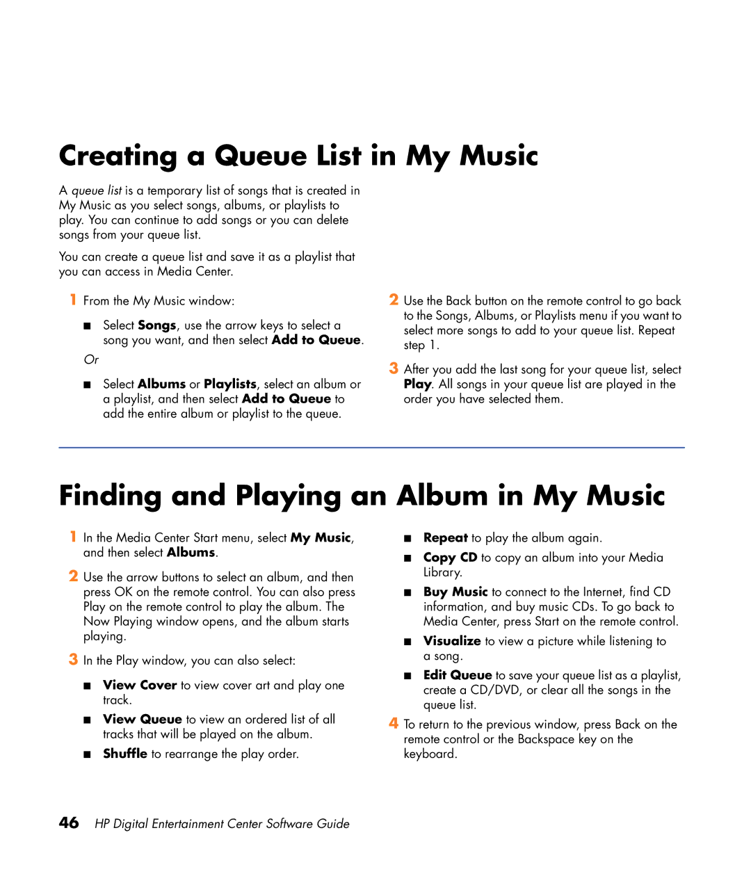 HP z565 manual Creating a Queue List in My Music, Finding and Playing an Album in My Music 