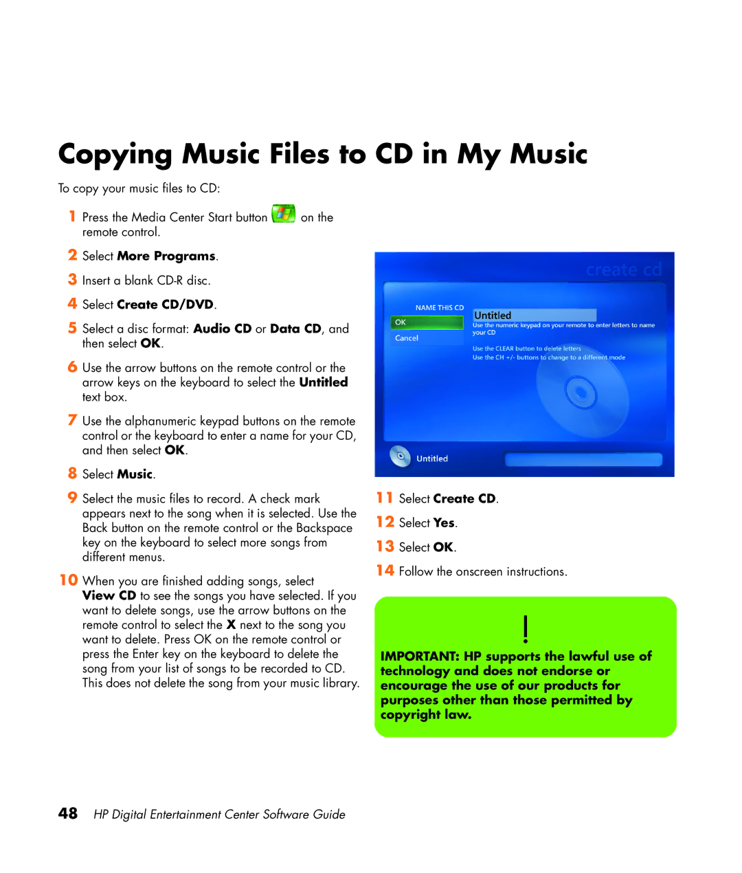 HP z565 manual Copying Music Files to CD in My Music, Select Create CD/DVD 