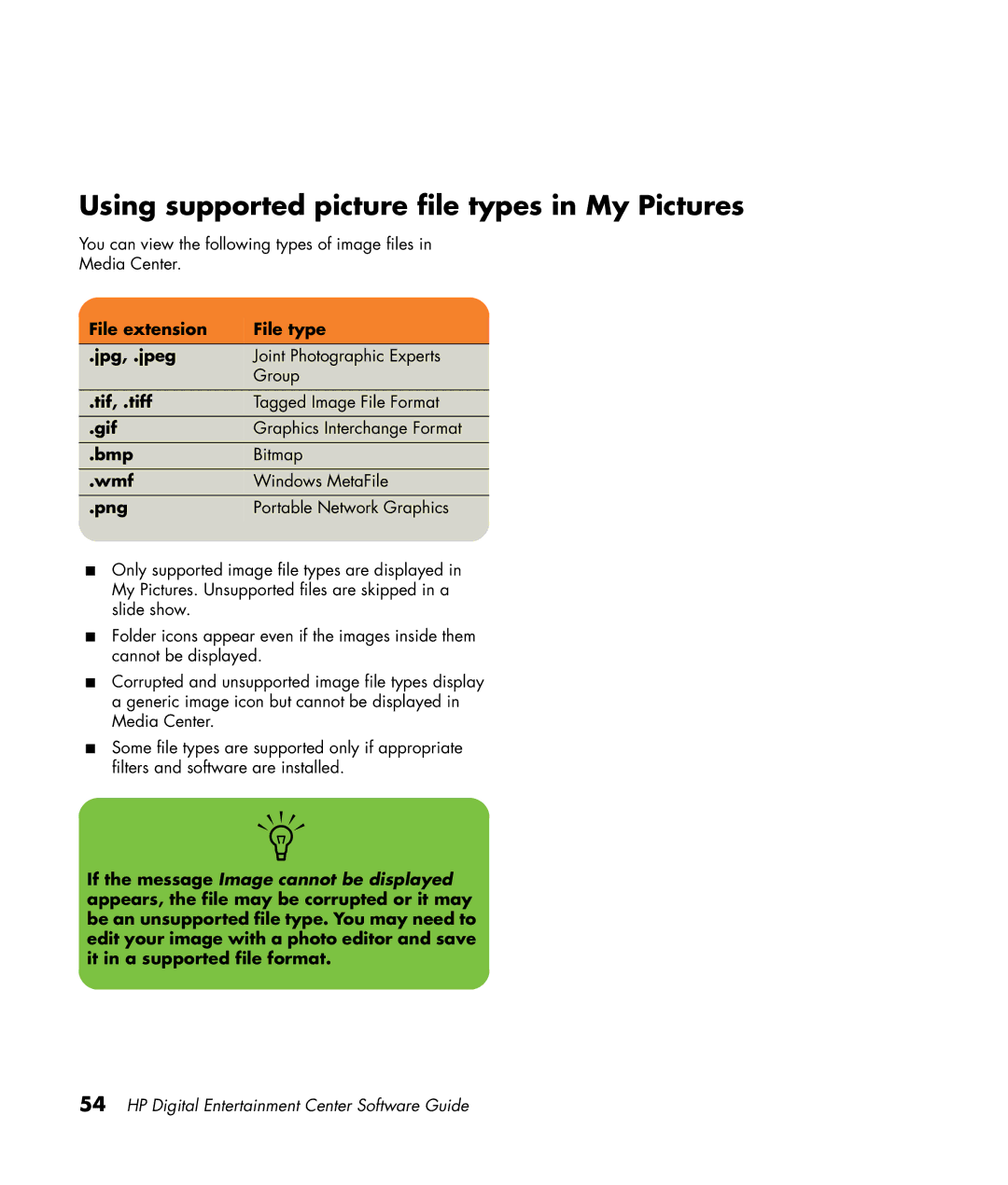 HP z565 manual Using supported picture file types in My Pictures 