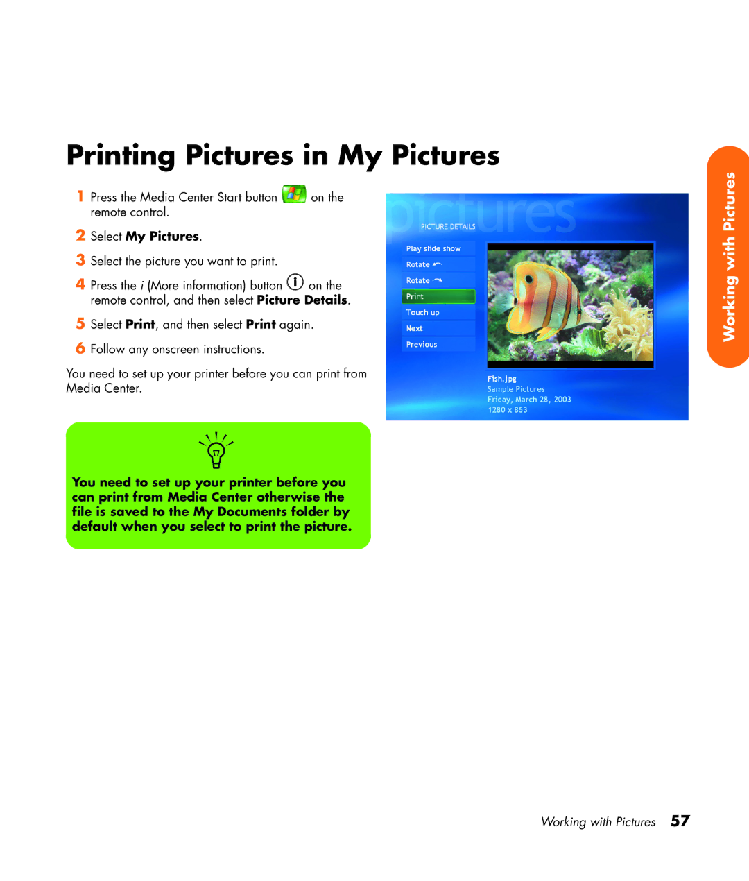 HP z565 manual Printing Pictures in My Pictures 