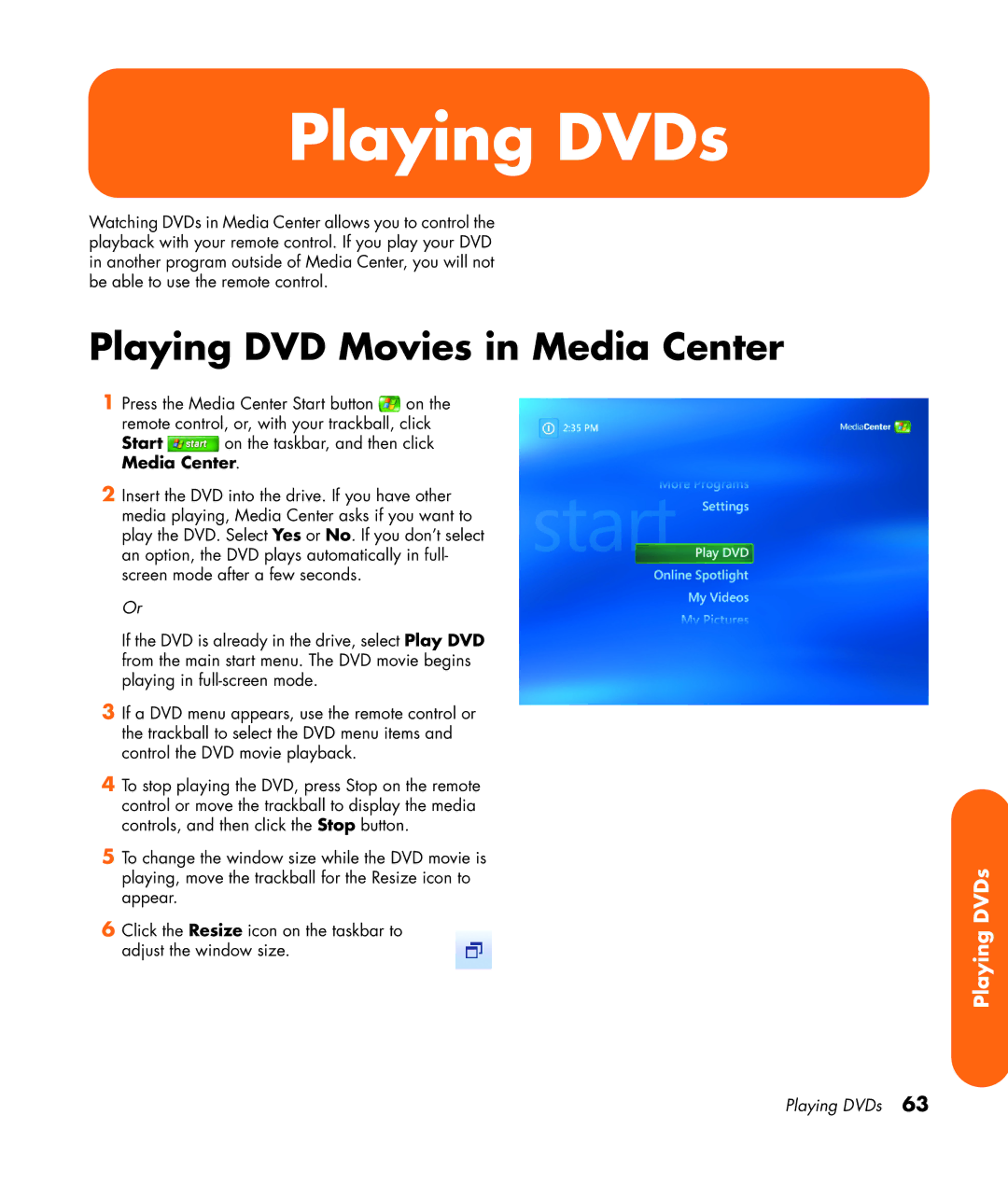 HP z565 manual Playing DVDs, Playing DVD Movies in Media Center 