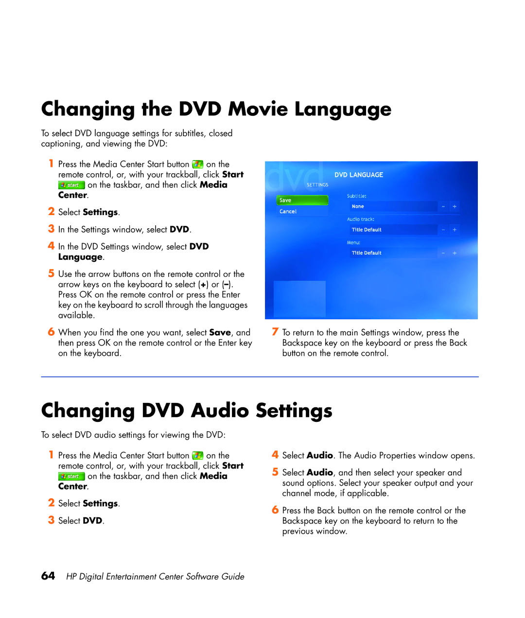 HP z565 manual Changing the DVD Movie Language, Changing DVD Audio Settings 