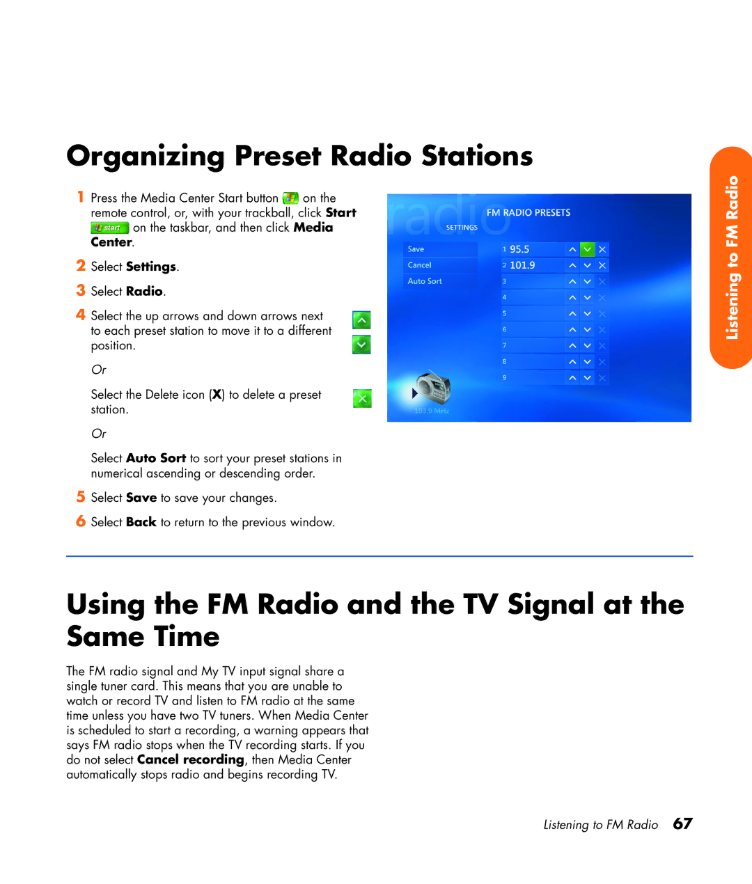 HP z565 manual Organizing Preset Radio Stations, Using the FM Radio and the TV Signal at the Same Time 