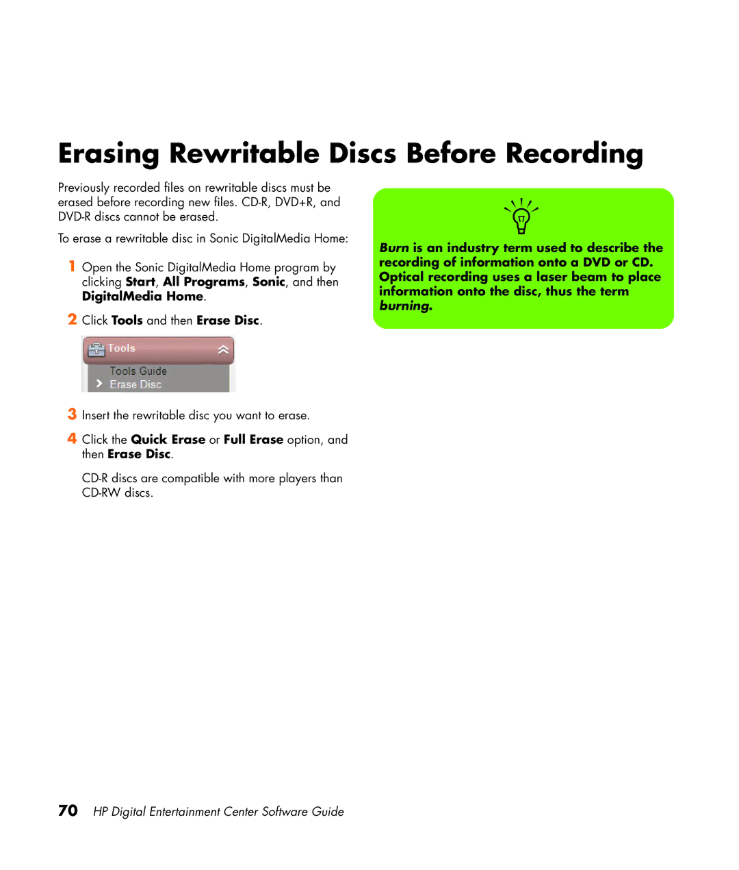 HP z565 manual Erasing Rewritable Discs Before Recording 