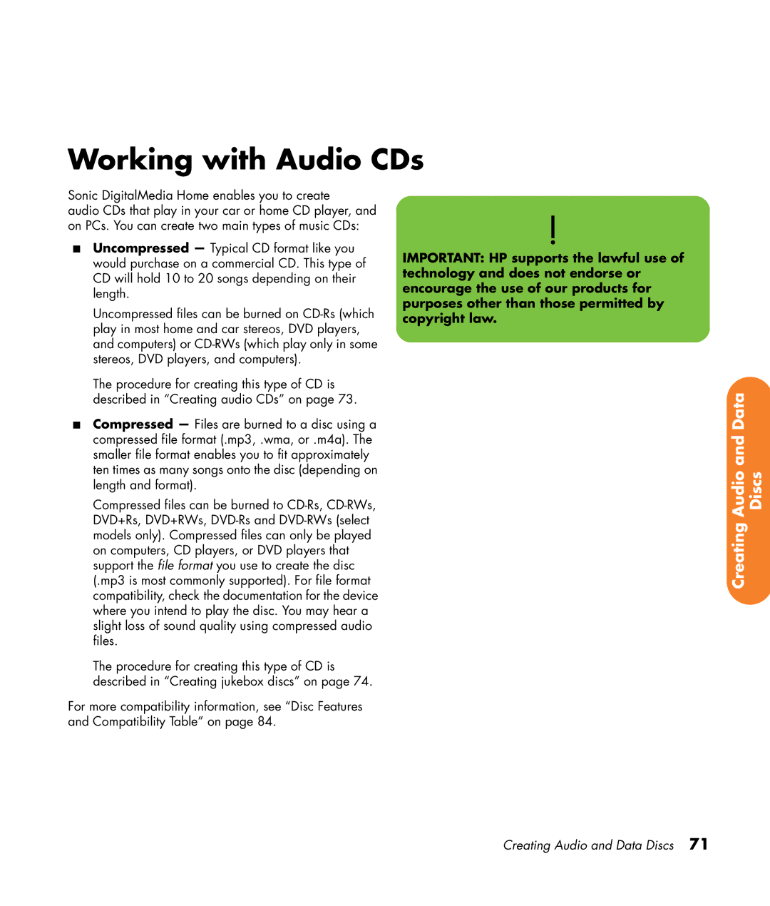 HP z565 manual Working with Audio CDs 