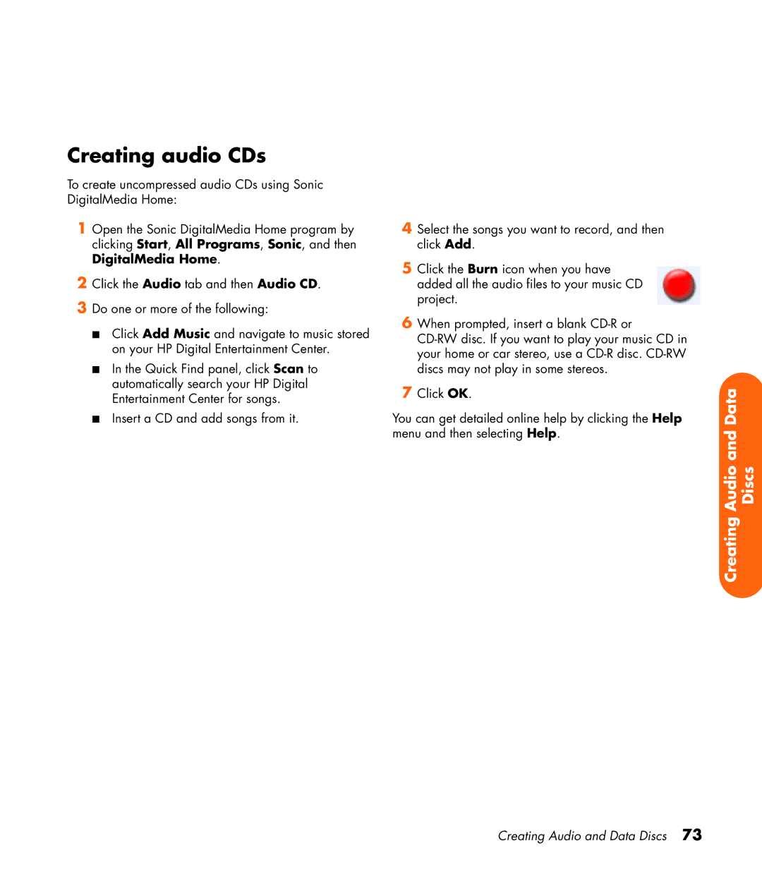 HP z565 manual Creating audio CDs 