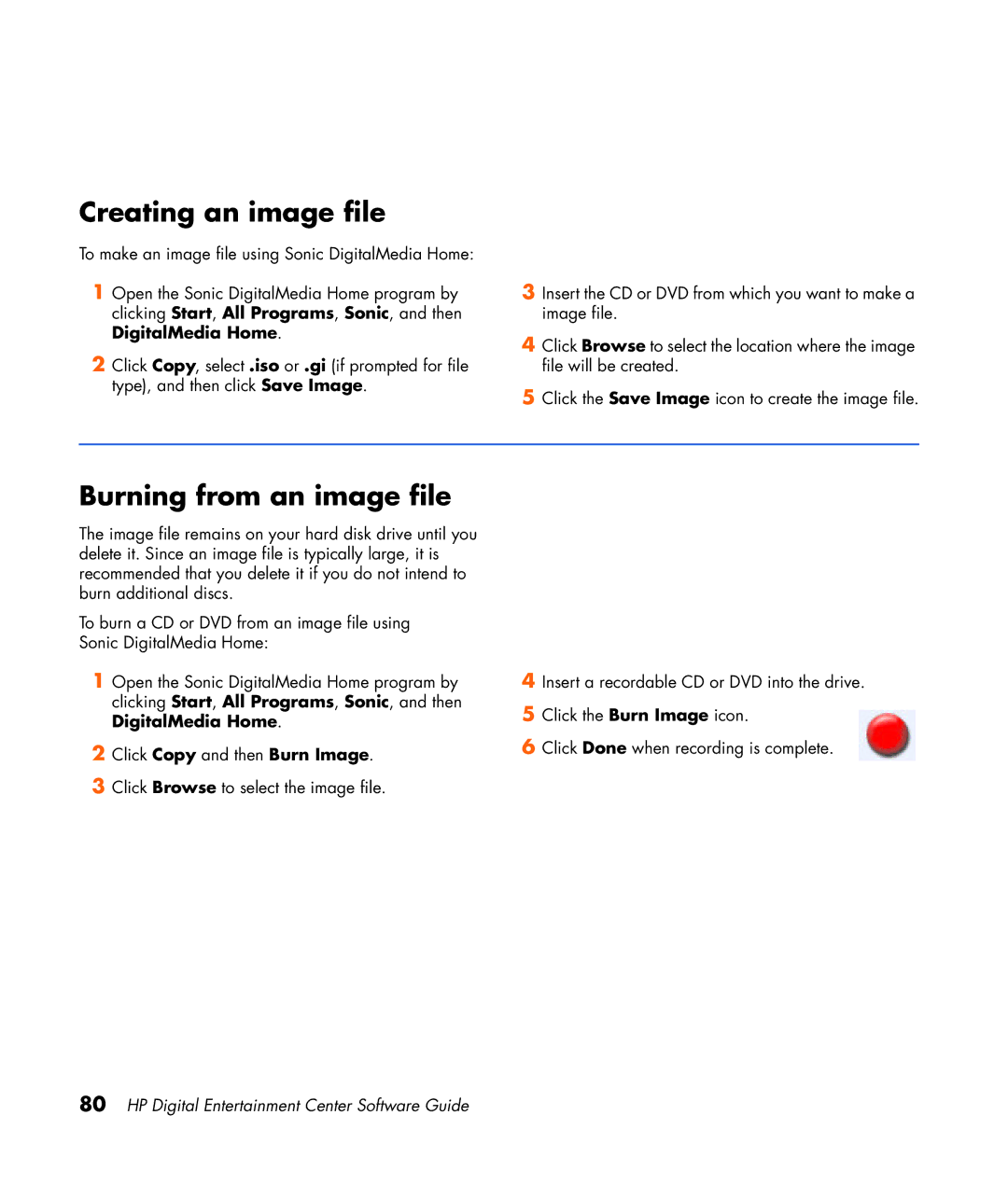 HP z565 manual Creating an image file, Burning from an image file 