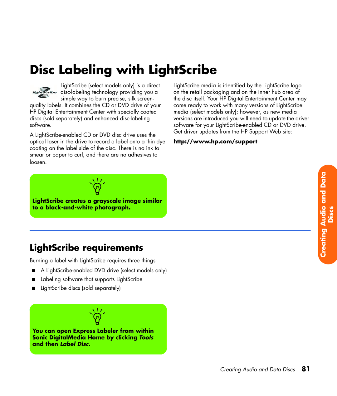 HP z565 manual Disc Labeling with LightScribe, LightScribe requirements 