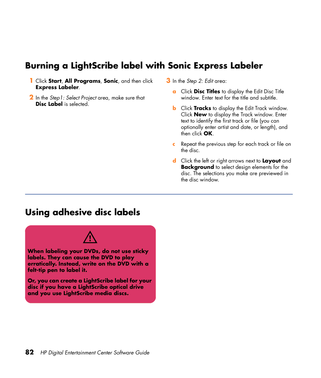 HP z565 manual Burning a LightScribe label with Sonic Express Labeler, Using adhesive disc labels 