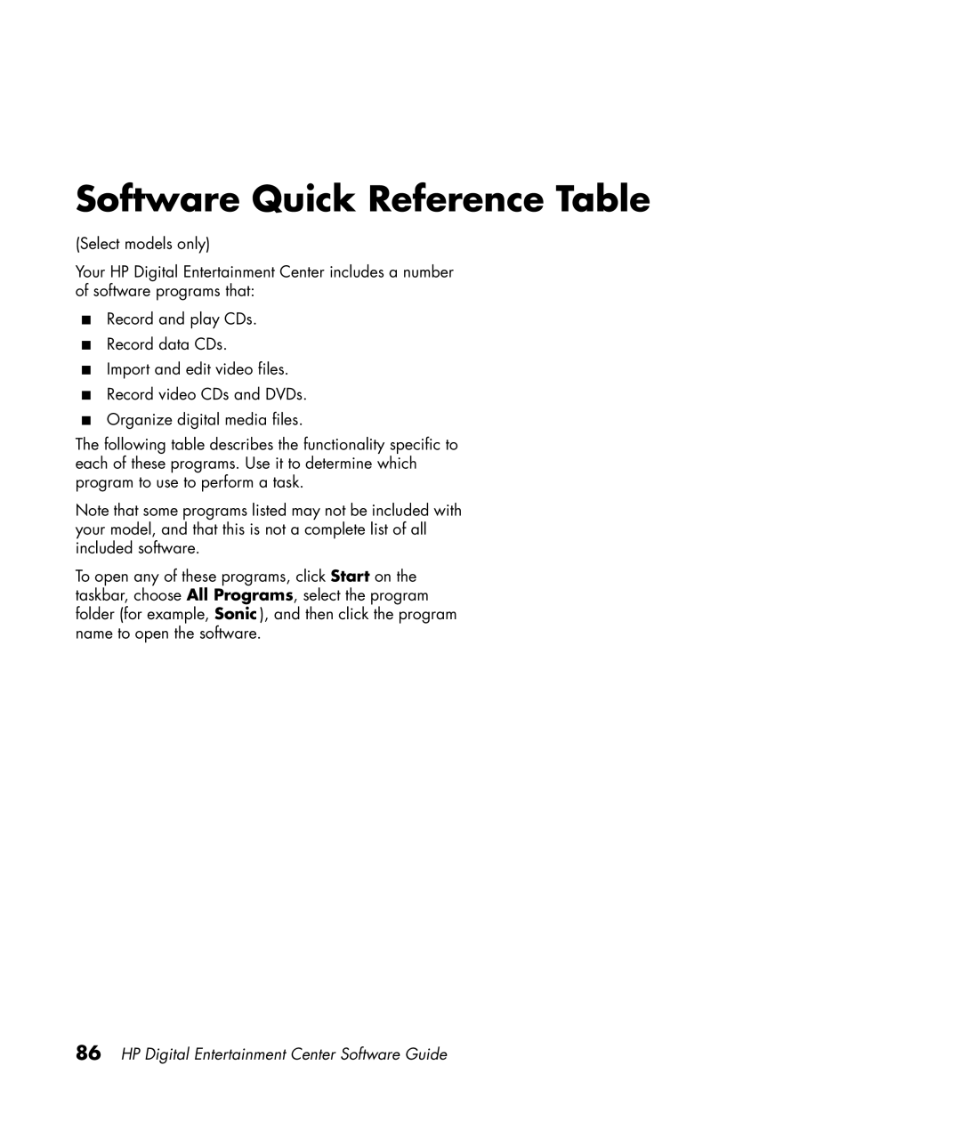 HP z565 manual Software Quick Reference Table 