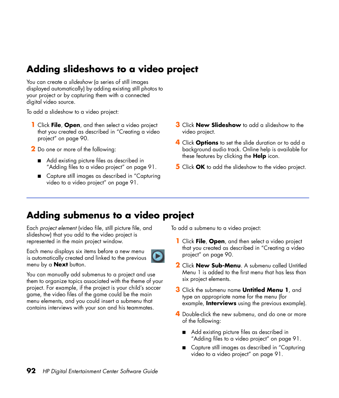 HP z565 manual Adding slideshows to a video project, Adding submenus to a video project 