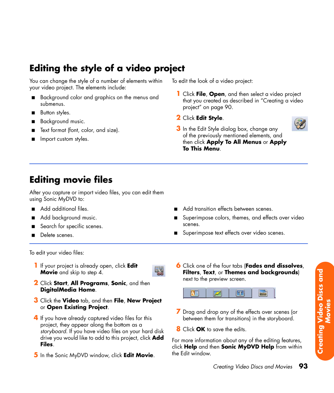 HP z565 manual Editing the style of a video project, Editing movie files, Click Edit Style 