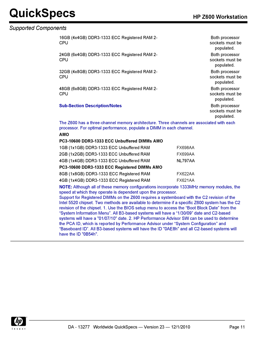 HP Z600 manual Amo, PC3-10600 DDR3-1333 ECC Unbuffered DIMMs AMO, PC3-10600 DDR3-1333 ECC Registered DIMMs AMO 