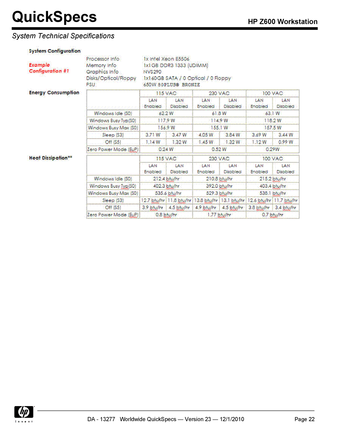 HP Z600 manual QuickSpecs 