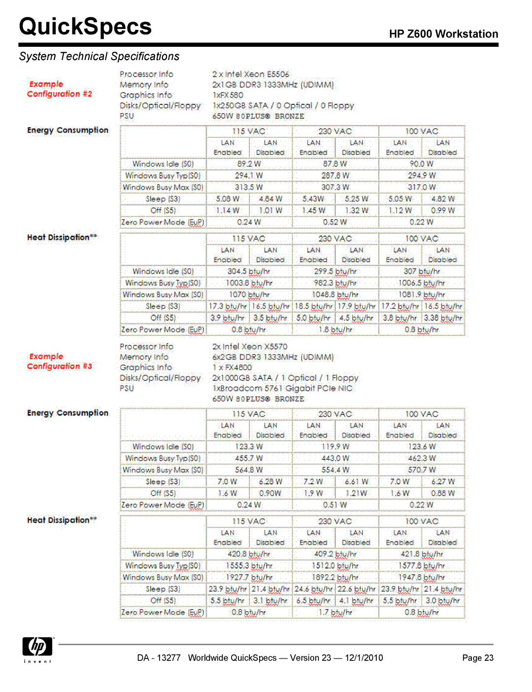 HP Z600 manual QuickSpecs 