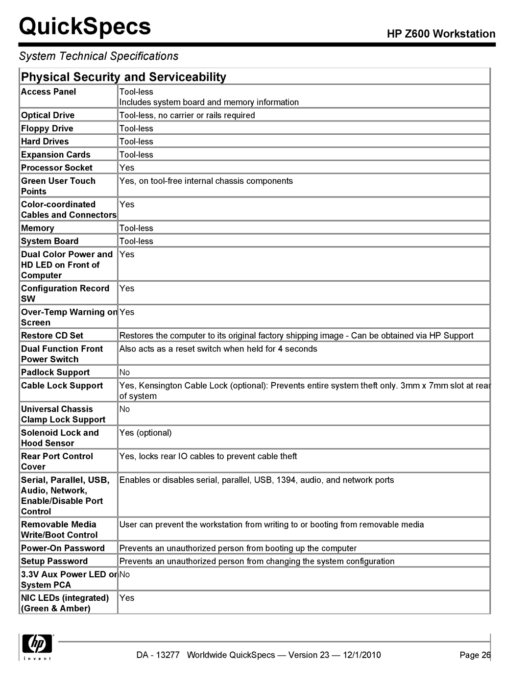 HP Z600 manual Physical Security and Serviceability 