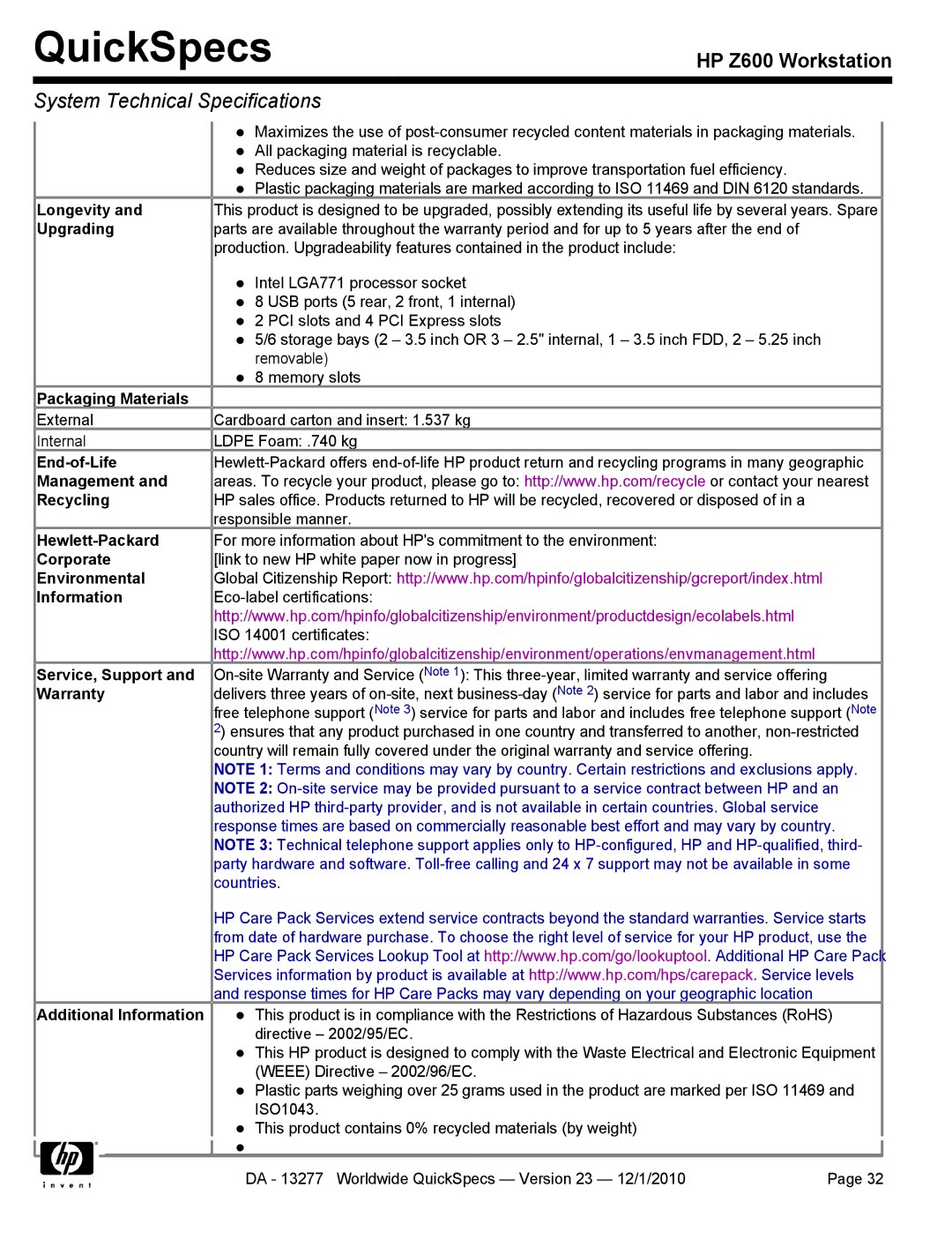 HP Z600 Longevity, Upgrading, Packaging Materials, End-of-Life, Management Recycling, Hewlett-Packard, Corporate, Warranty 