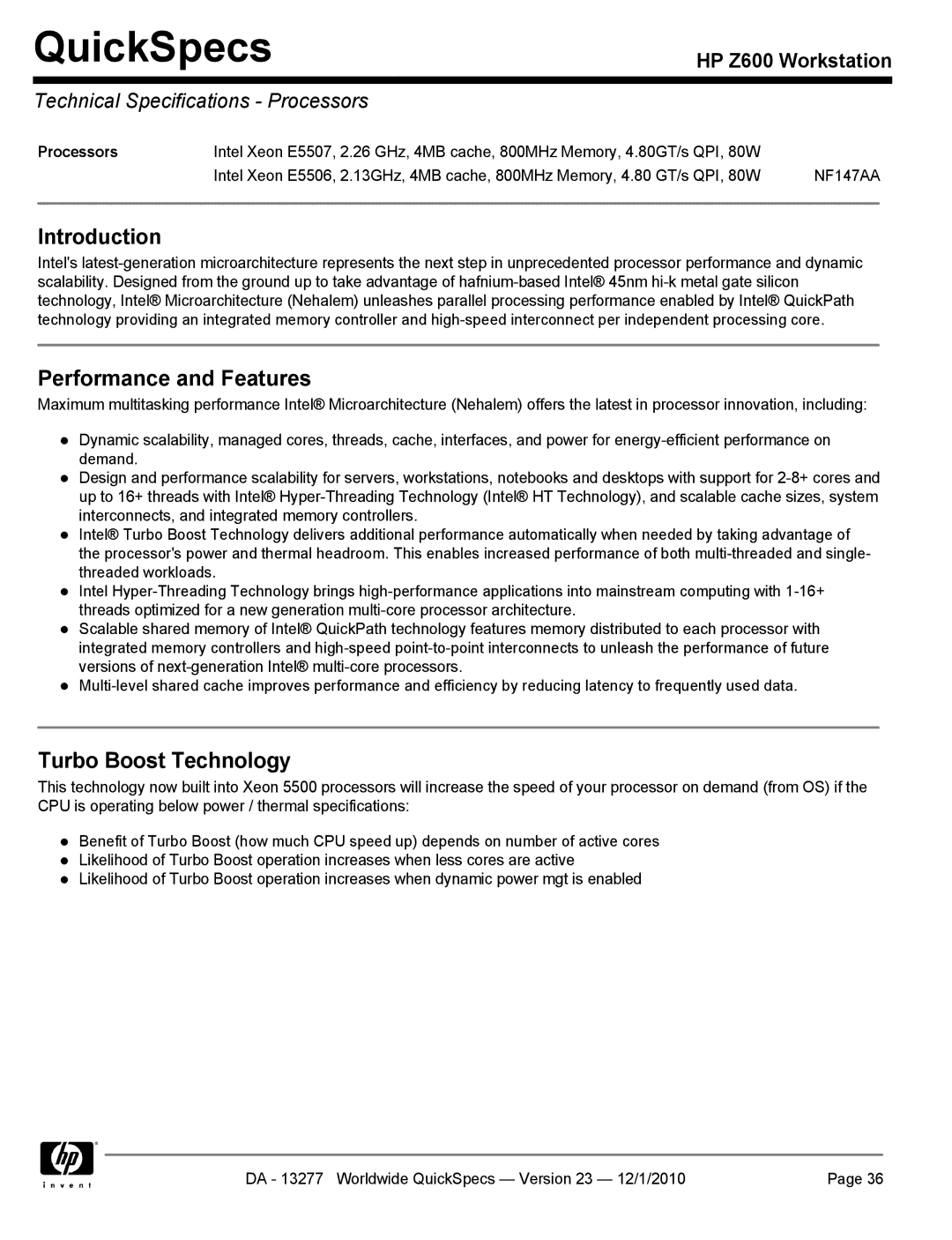 HP Z600 manual Technical Specifications Processors 