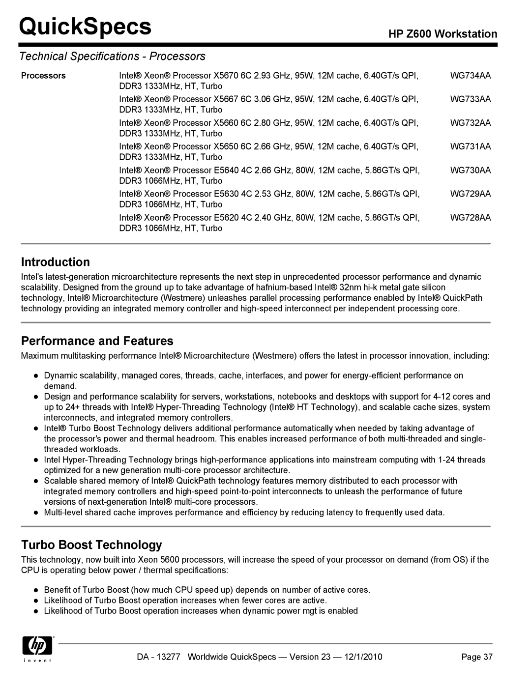 HP Z600 manual DDR3 1066MHz, HT, Turbo 