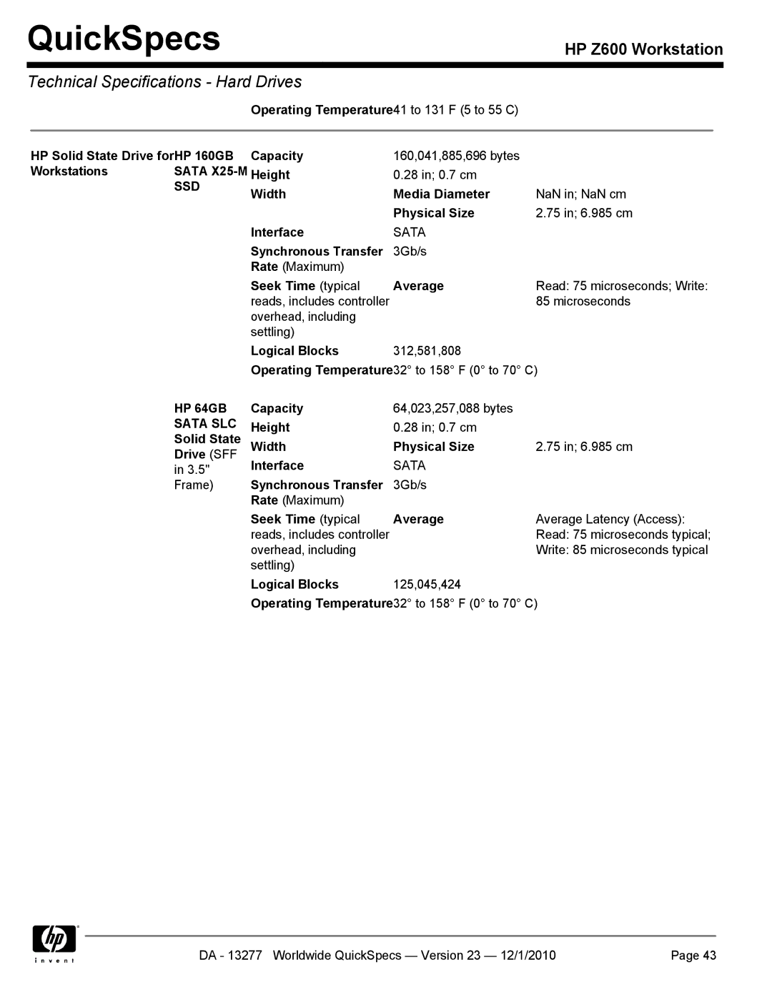 HP Z600 manual Ssd, HP 64GB, Sata SLC 