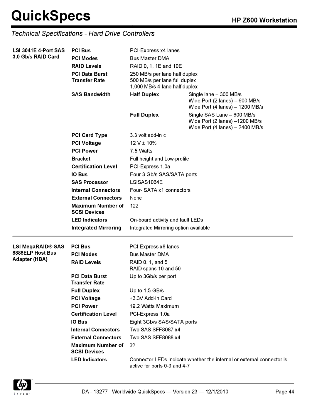 HP Z600 manual Technical Specifications Hard Drive Controllers 