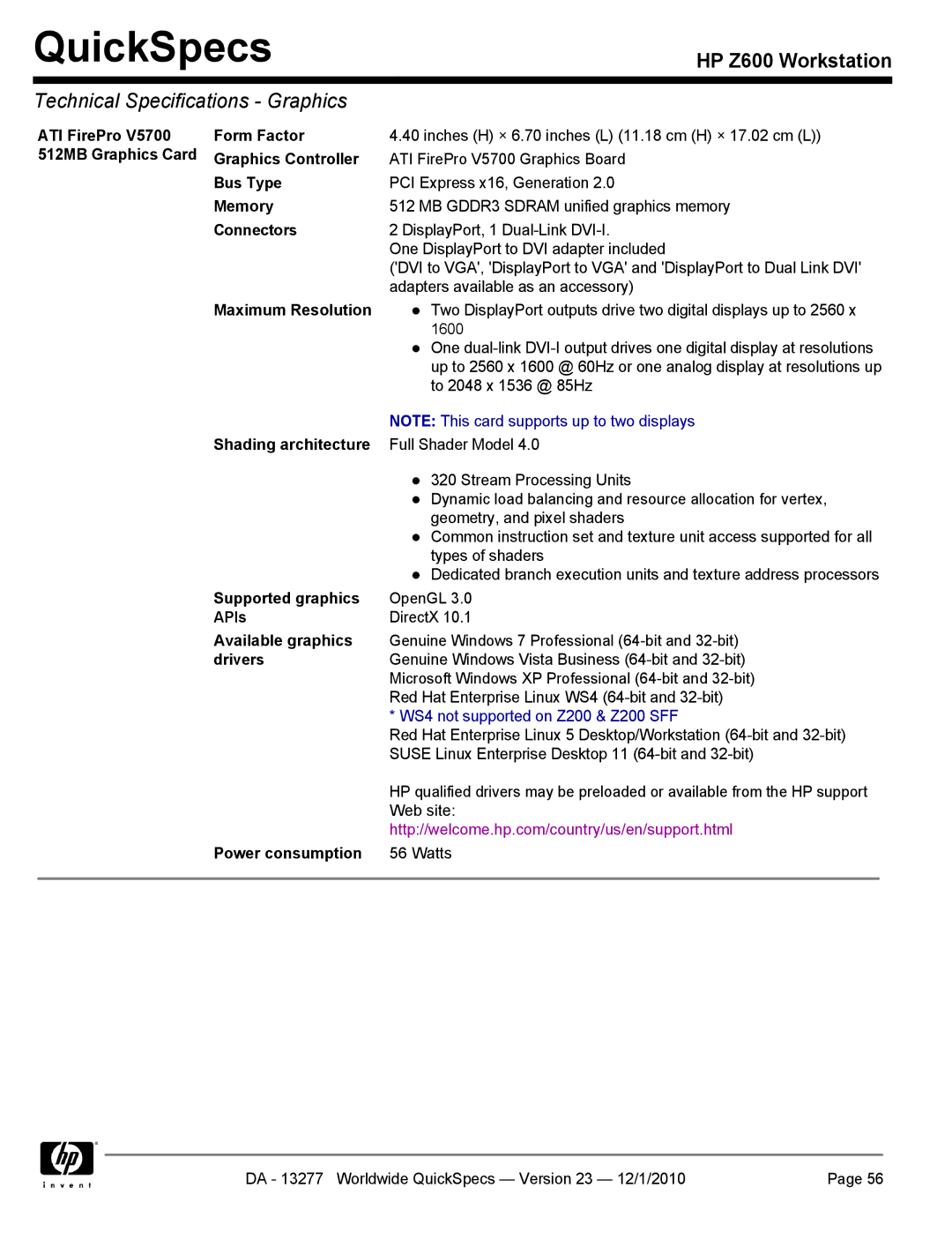 HP Z600 manual ATI FirePro V5700 512MB Graphics Card Form Factor, Power consumption 56 Watts 