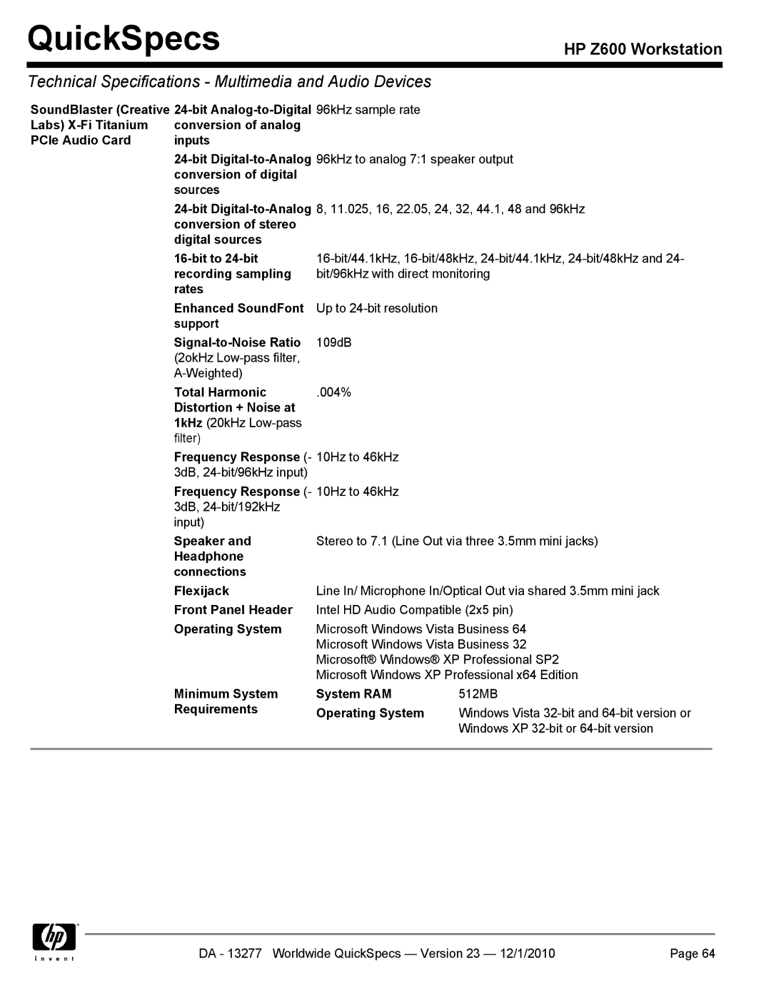 HP Z600 Conversion of digital Sources, Conversion of stereo Digital sources Bit to 24-bit, Recording sampling, Speaker 