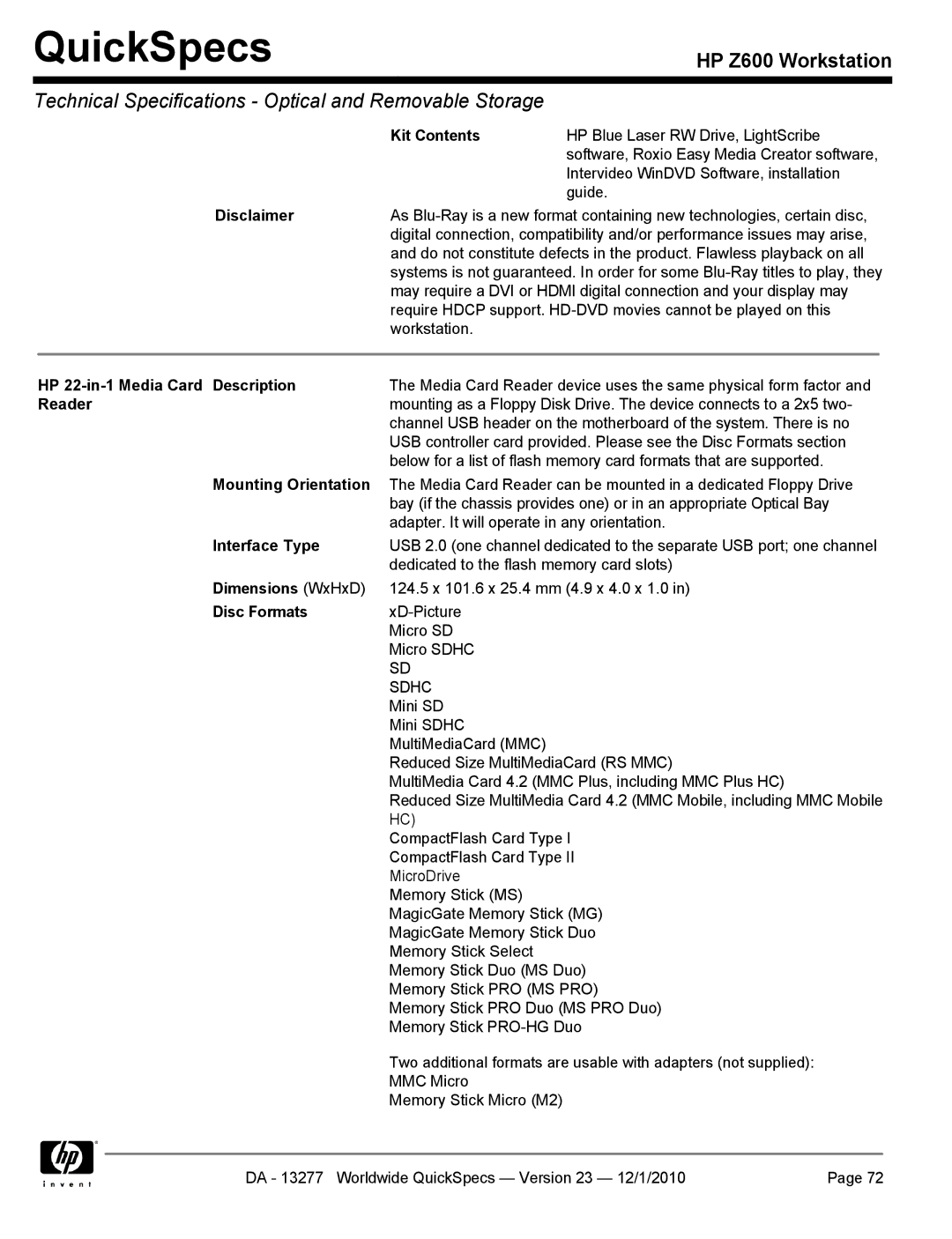 HP Z600 manual Disclaimer, HP 22-in-1 Media Card Description, Reader, Sdhc 