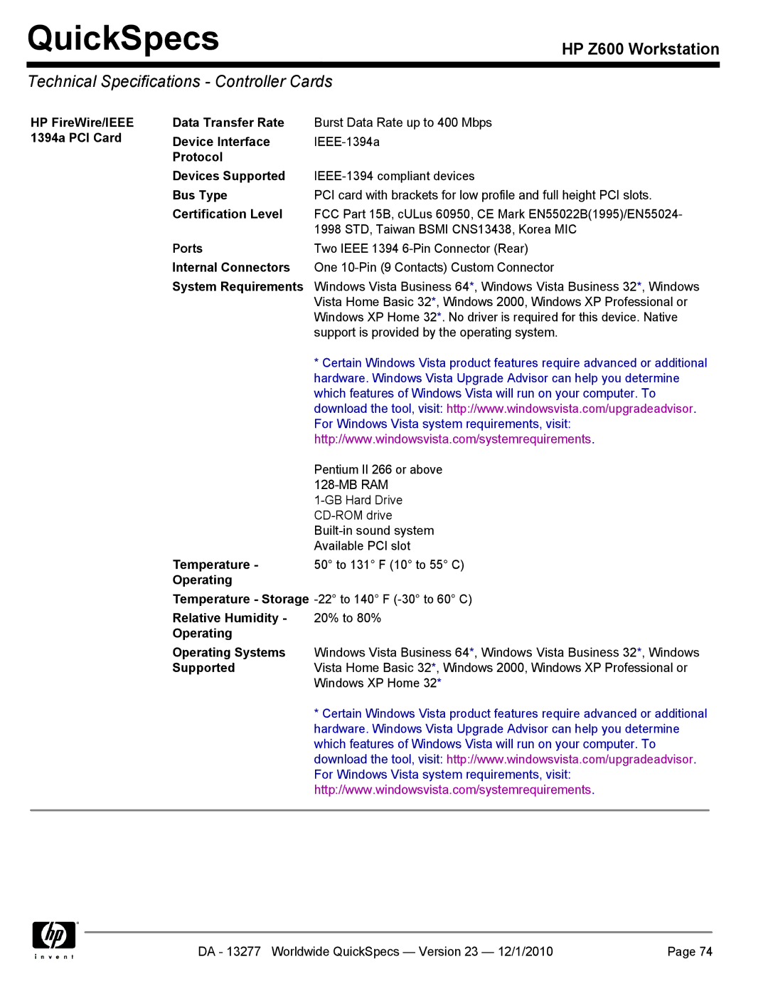 HP Z600 manual Technical Specifications Controller Cards 