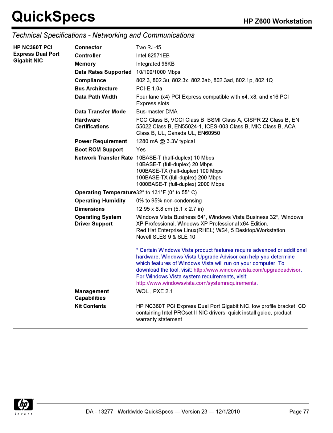 HP Z600 manual HP NC360T PCI 