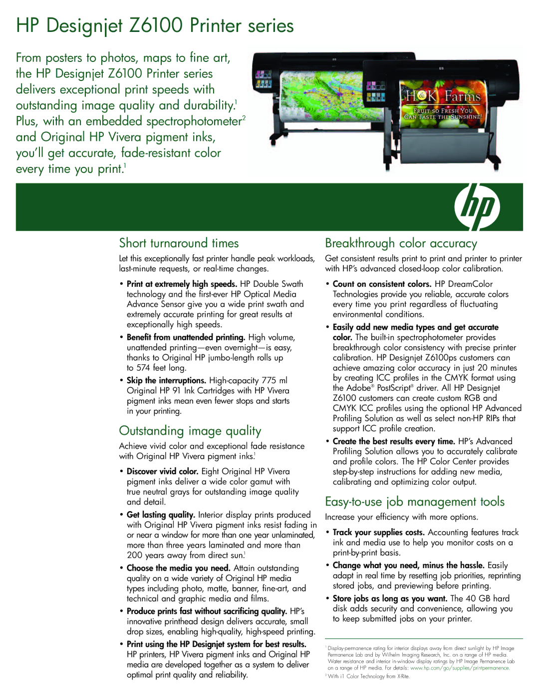 HP Z6100 manual Outstanding image quality, Breakthrough color accuracy, Easy-to-use job management tools 