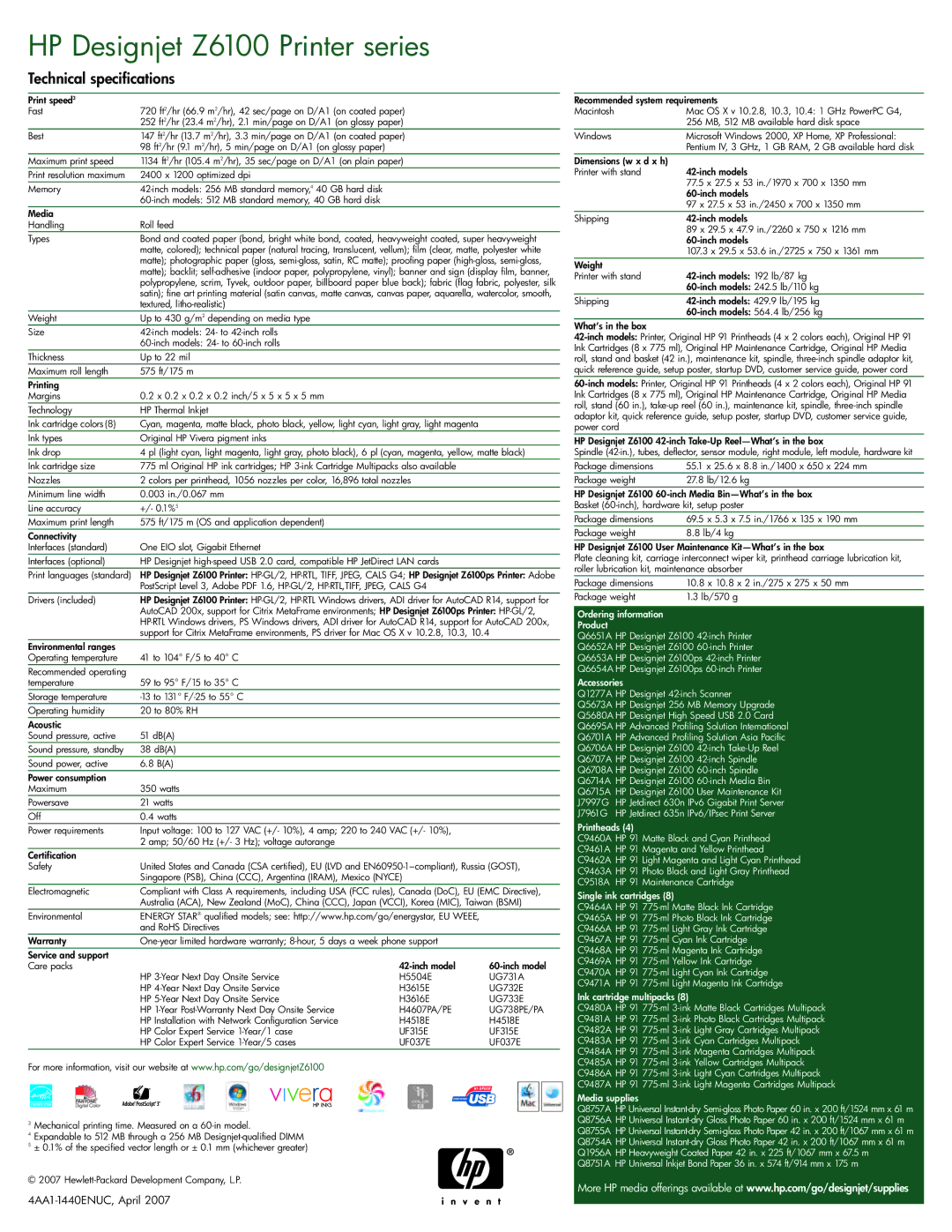 HP Z6100ps manual Technical specifications 