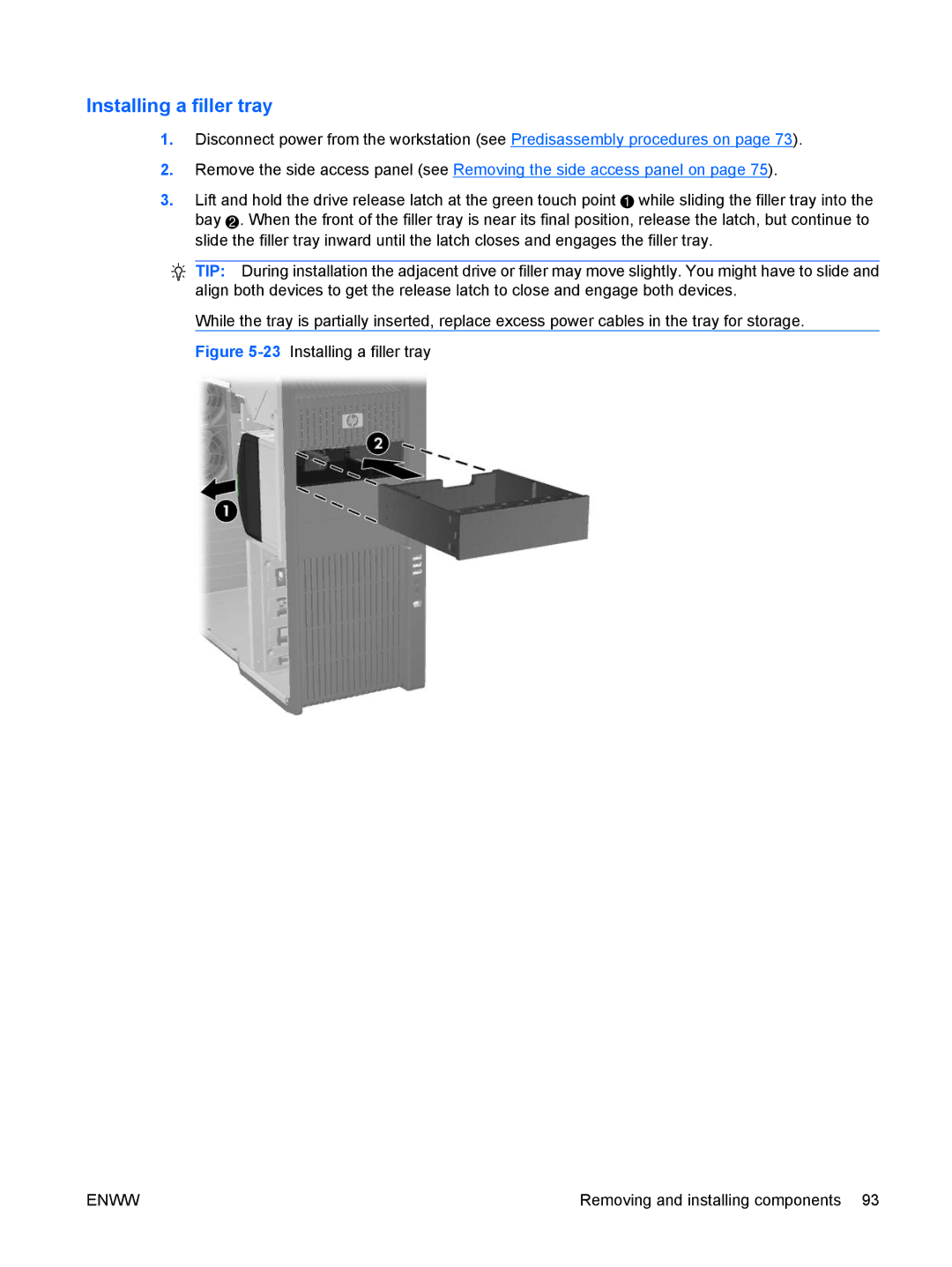 HP FL939UT FL939UT#ABA, Z800 Sp632up SP632UPABA manual 23Installing a filler tray 