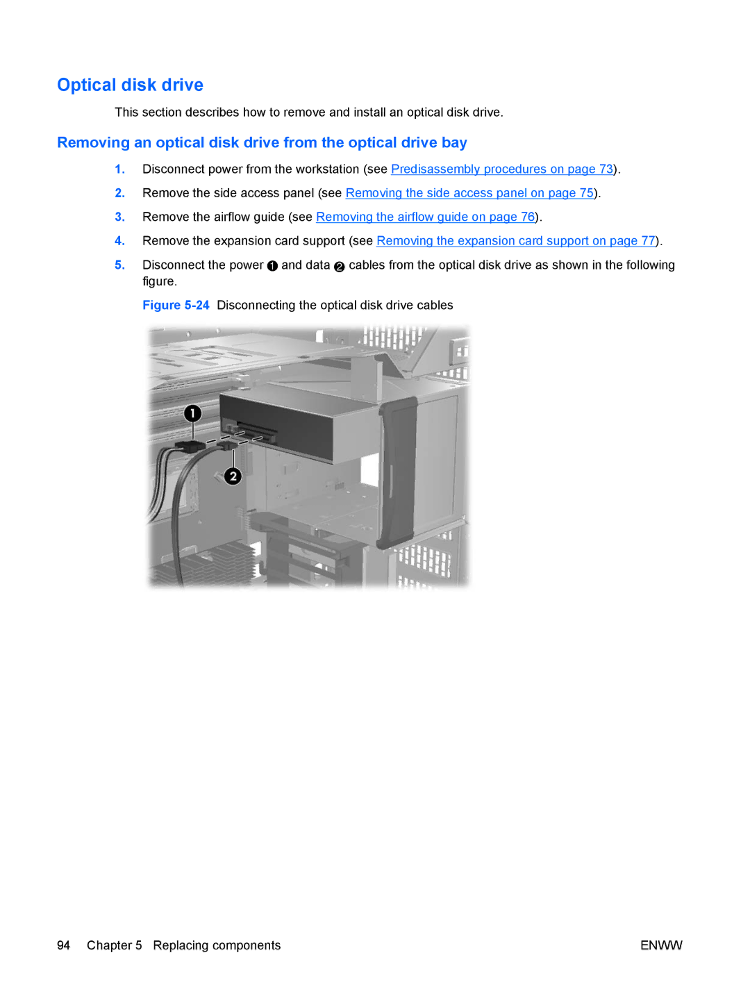 HP Z800 Sp632up SP632UPABA manual Optical disk drive, Removing an optical disk drive from the optical drive bay 