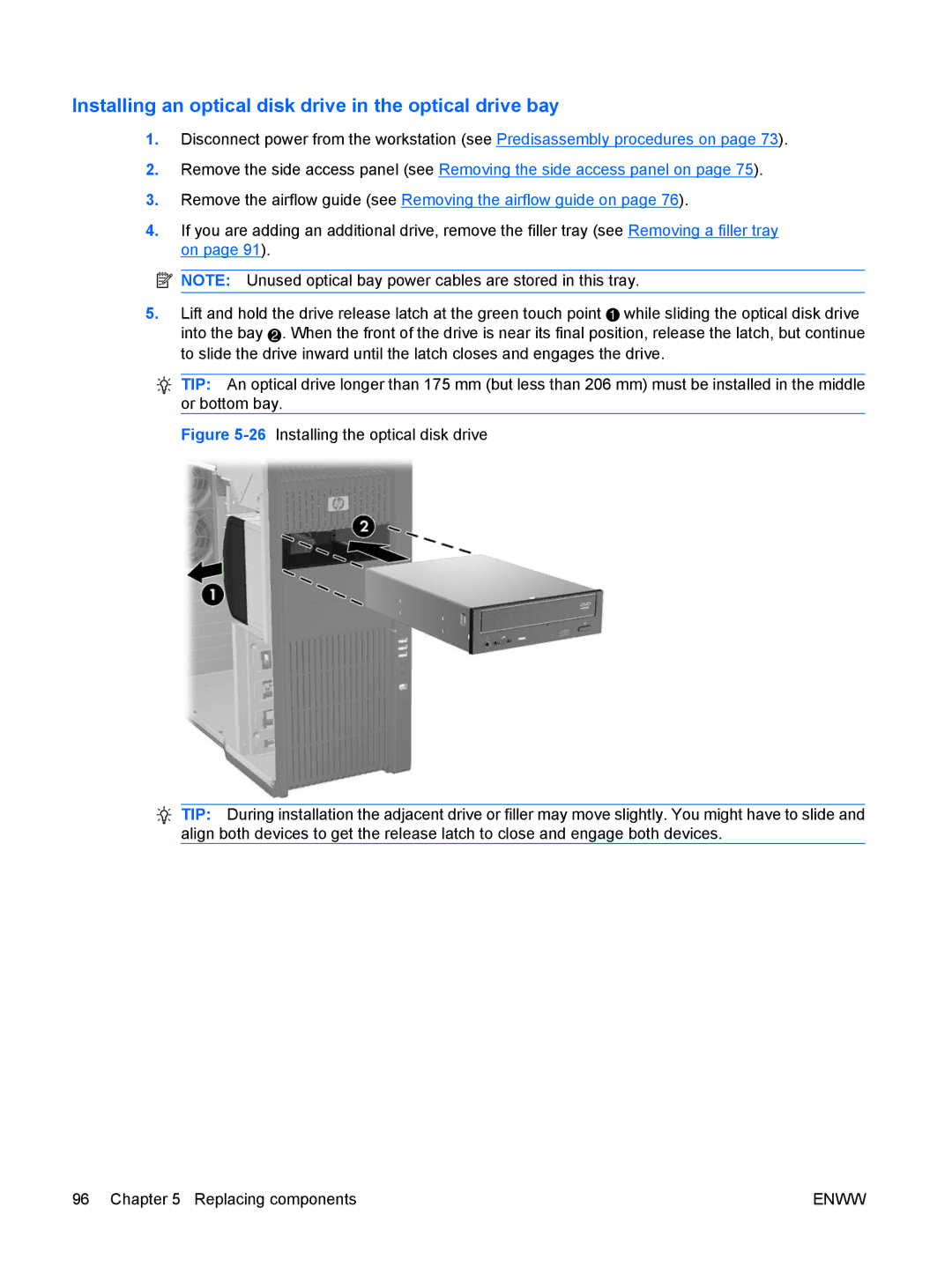 HP Z800 Sp632up SP632UPABA, FL939UT FL939UT#ABA manual Installing an optical disk drive in the optical drive bay 