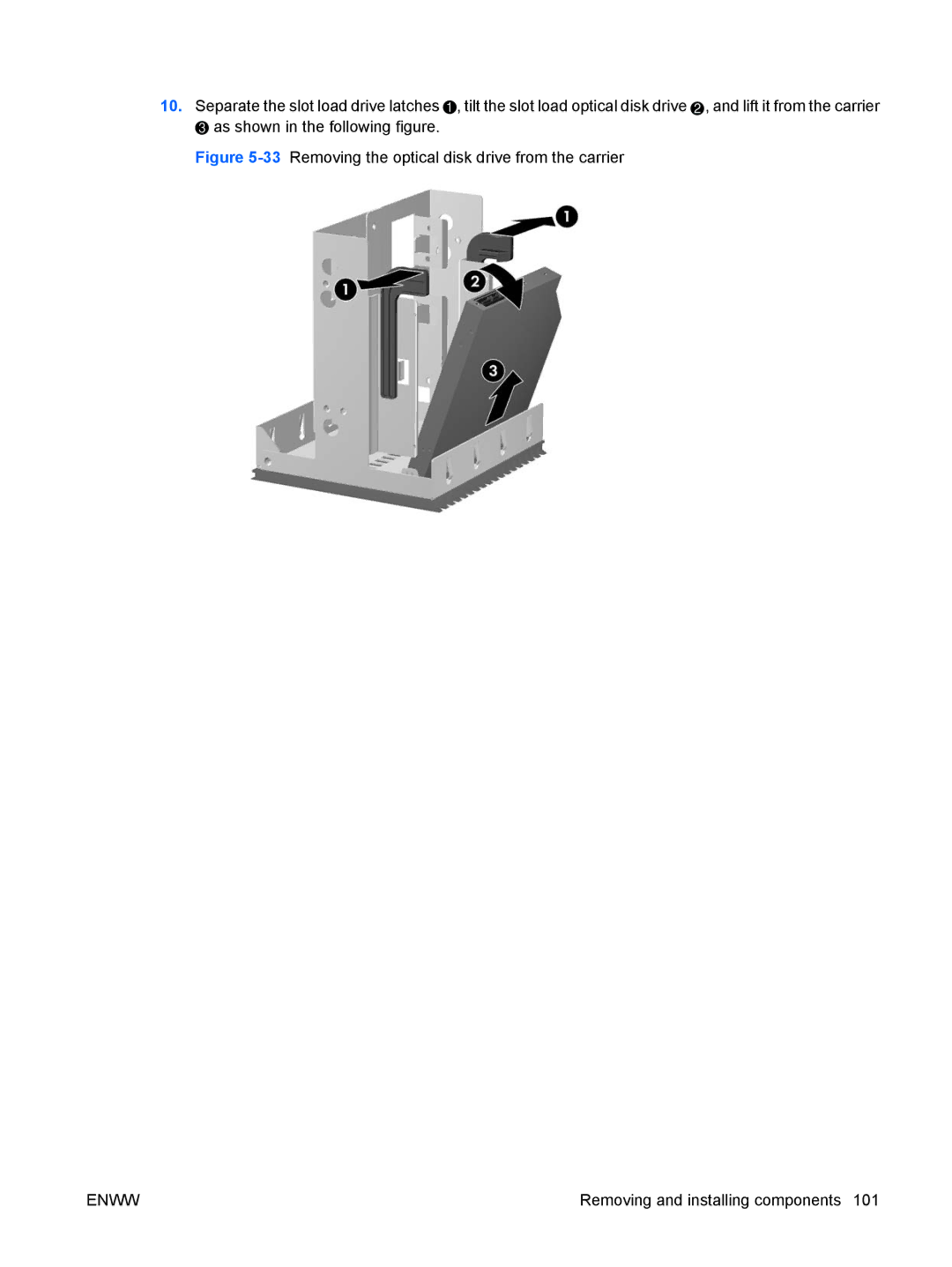 HP FL939UT FL939UT#ABA, Z800 Sp632up SP632UPABA manual 33Removing the optical disk drive from the carrier 