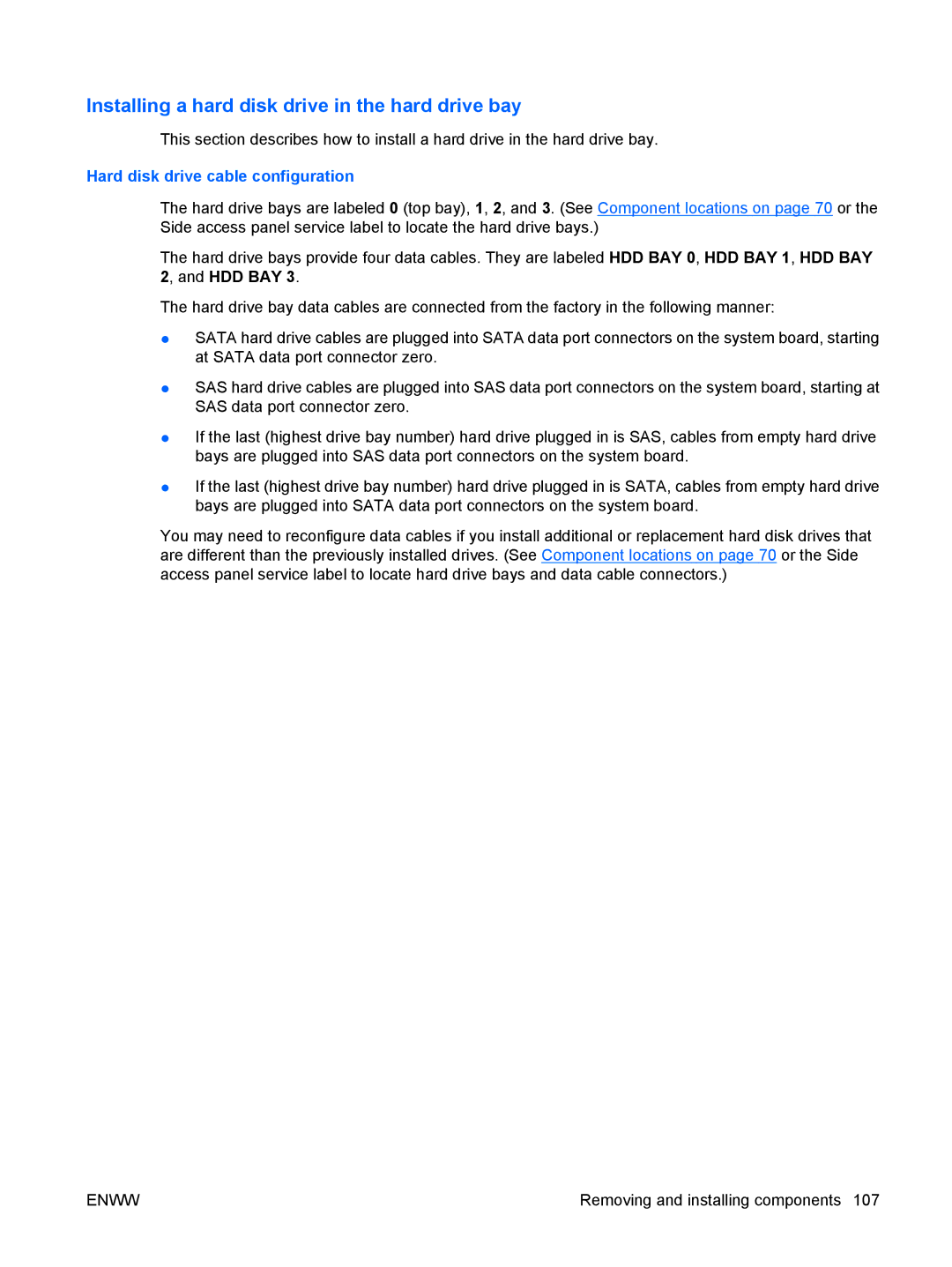 HP FL939UT FL939UT#ABA manual Installing a hard disk drive in the hard drive bay, Hard disk drive cable configuration 