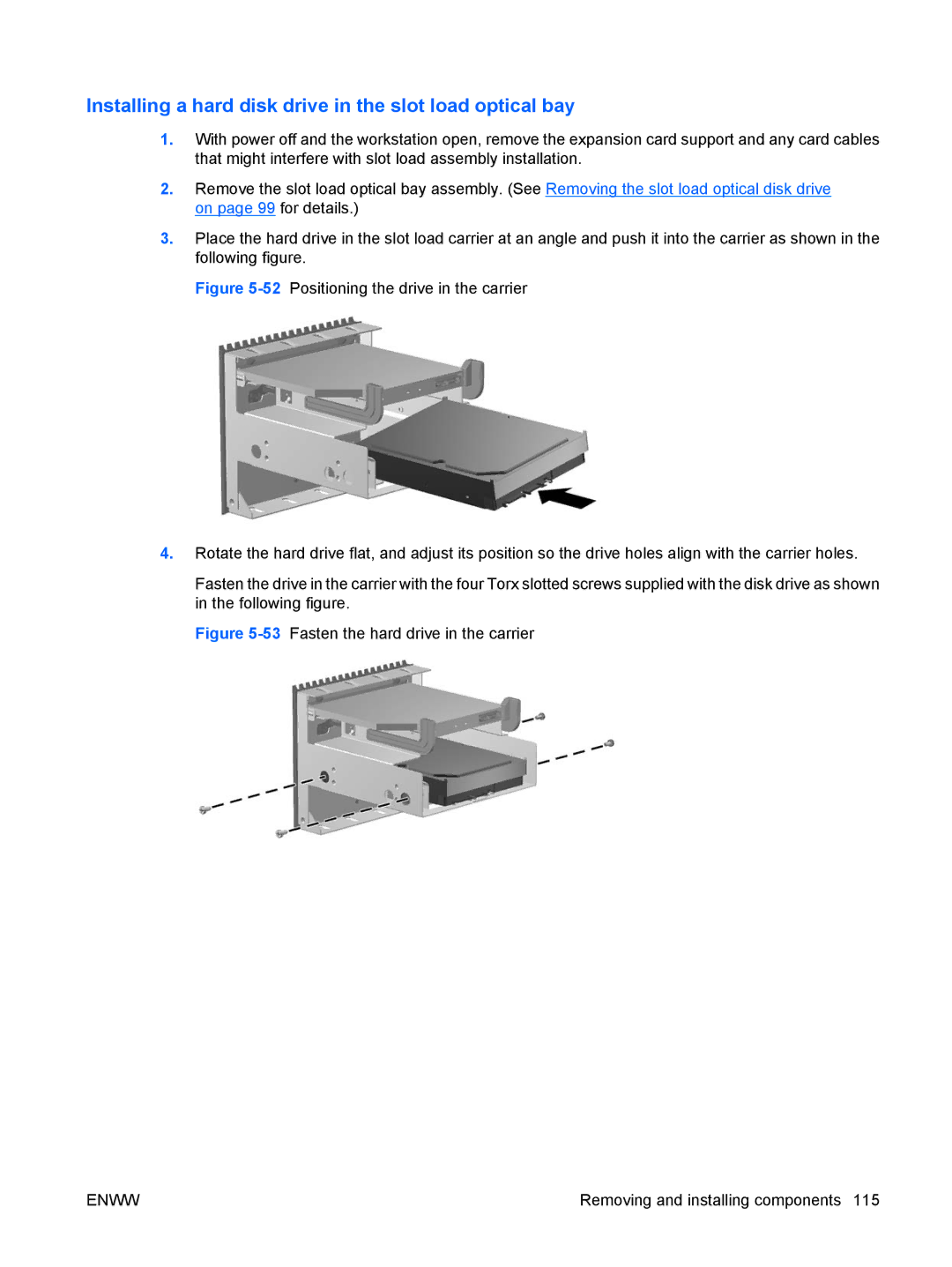 HP FL939UT FL939UT#ABA Installing a hard disk drive in the slot load optical bay, 53Fasten the hard drive in the carrier 