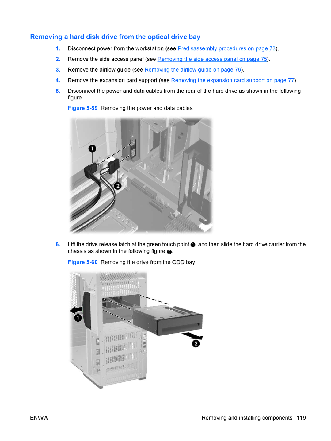 HP FL939UT FL939UT#ABA manual Removing a hard disk drive from the optical drive bay, 60Removing the drive from the ODD bay 