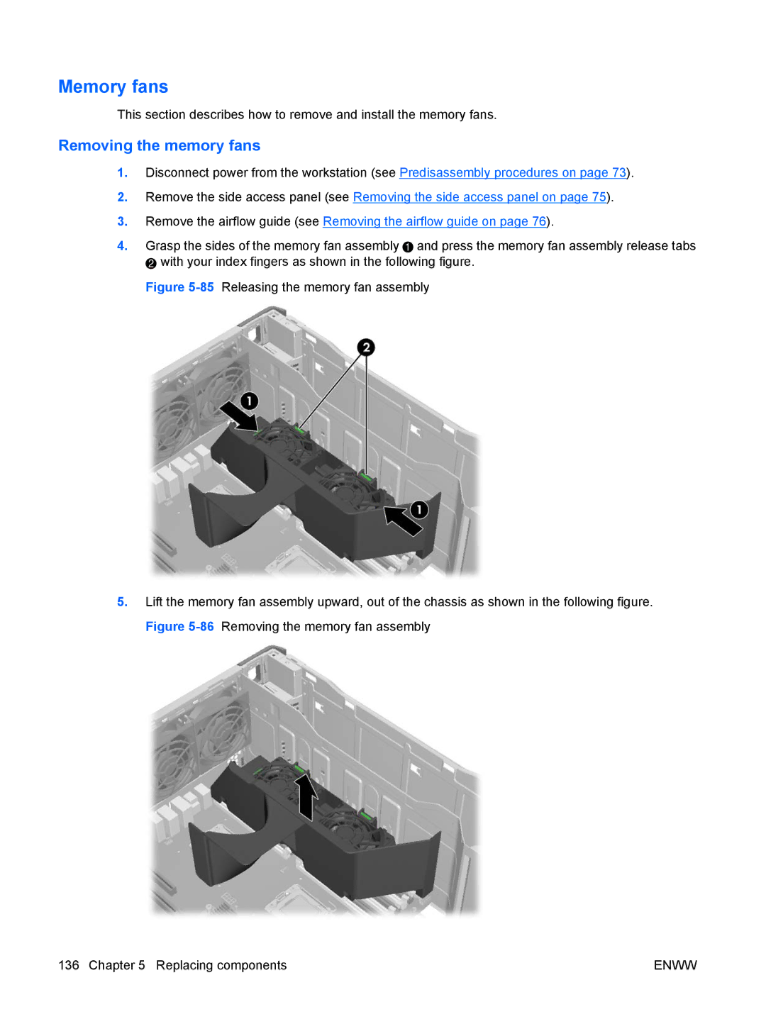 HP Z800 Sp632up SP632UPABA, FL939UT FL939UT#ABA manual Memory fans, Removing the memory fans 