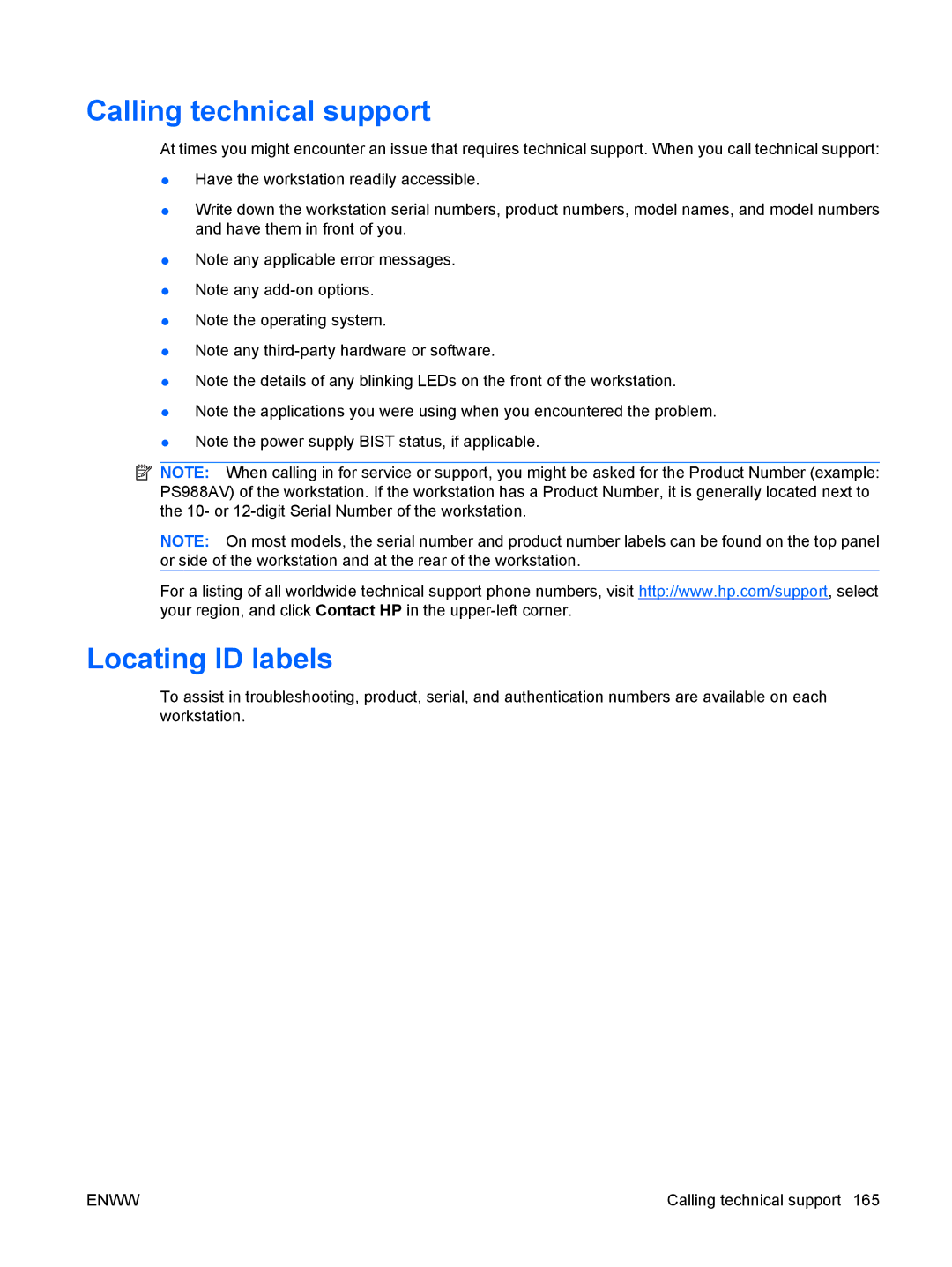 HP FL939UT FL939UT#ABA, Z800 Sp632up SP632UPABA manual Calling technical support, Locating ID labels 