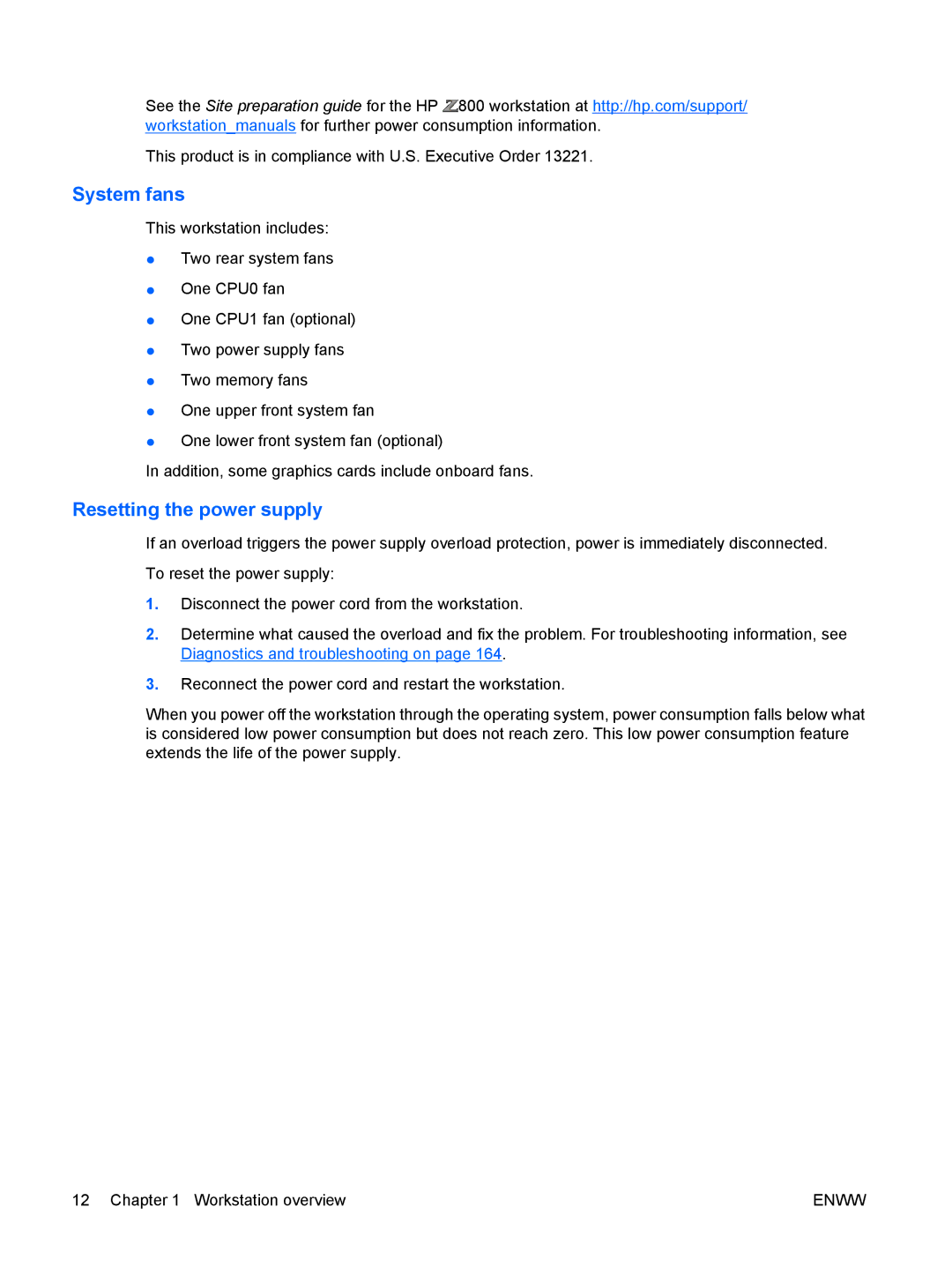HP Z800 Sp632up SP632UPABA, FL939UT FL939UT#ABA manual System fans, Resetting the power supply 