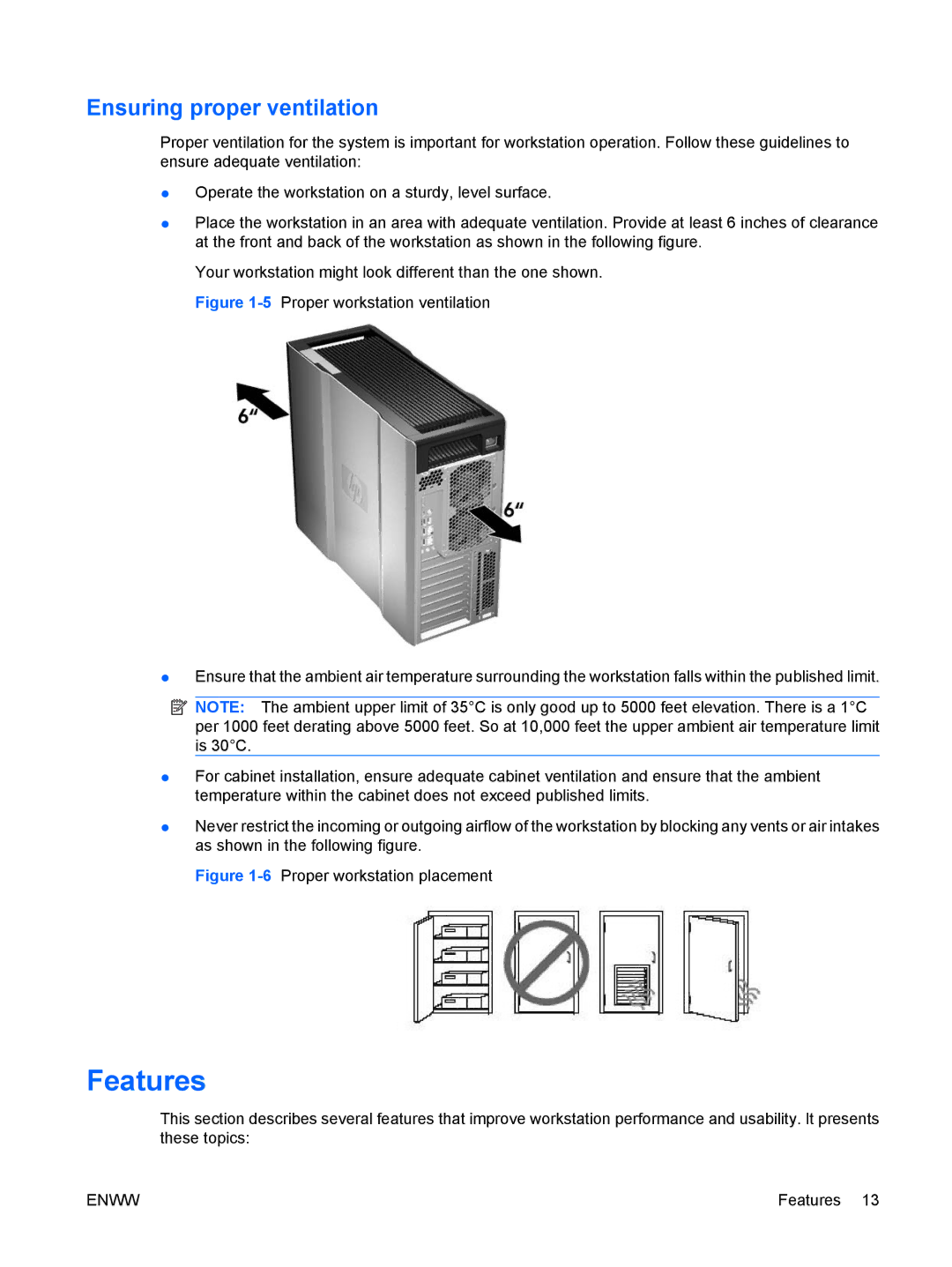 HP FL939UT FL939UT#ABA, Z800 Sp632up SP632UPABA manual Features, Ensuring proper ventilation 